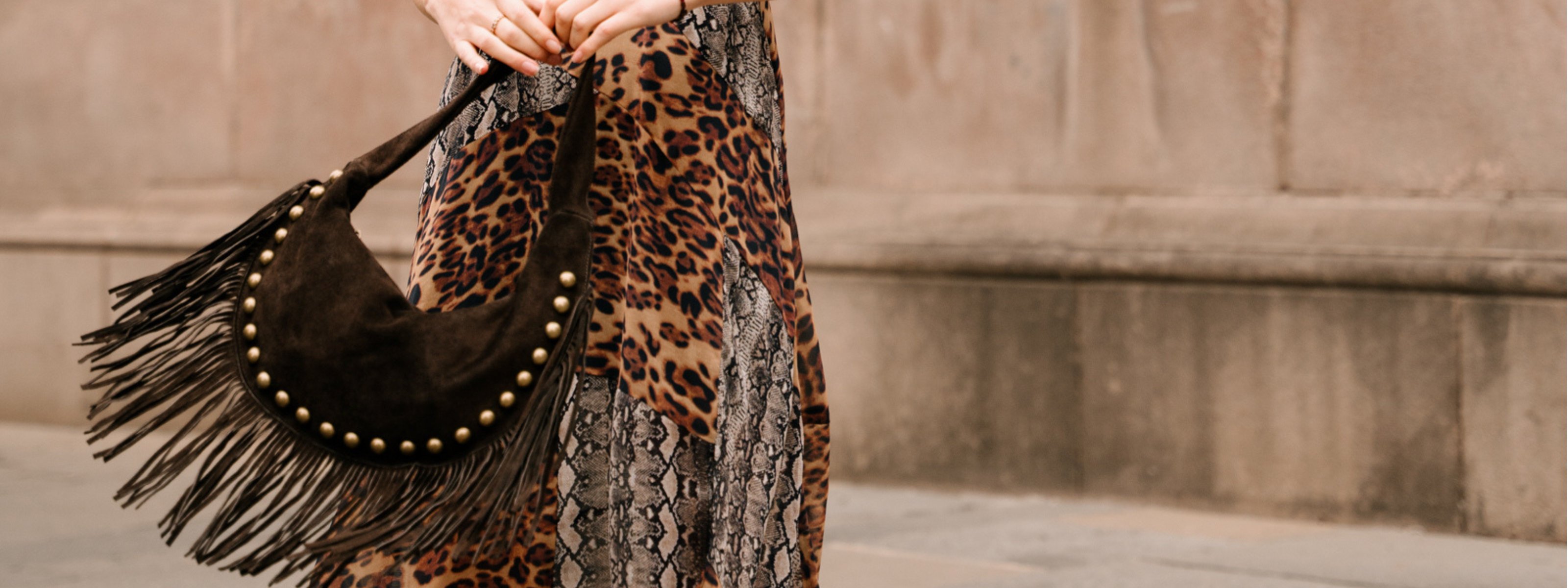 Little Lies Kate Chocolate Brown Studded Fringe Bag styled with the Zadie Animal Handkerchief Dress