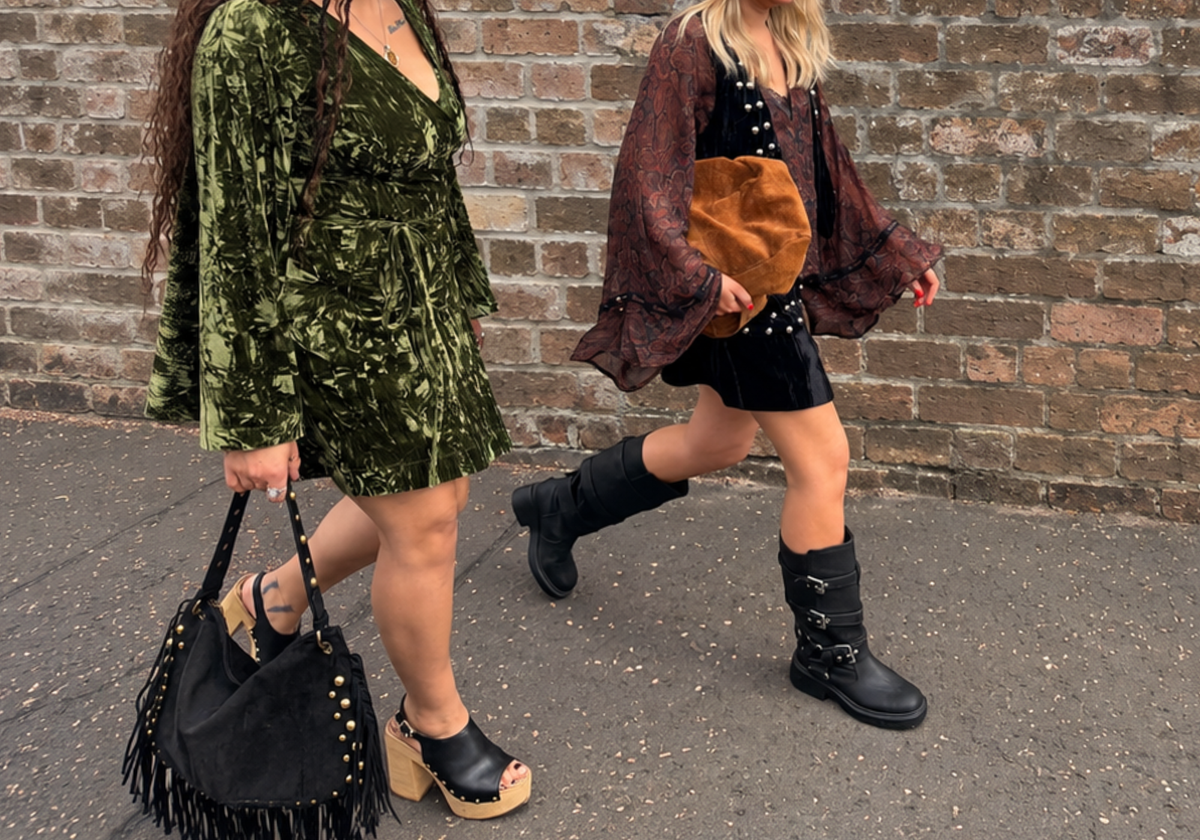 Models wearing Little Lies autumn collection pieces, including an Jaded olive velvet mini dress and Dark Paradise Paisley Top, styled with studded handbags, waistcoat and shoes.