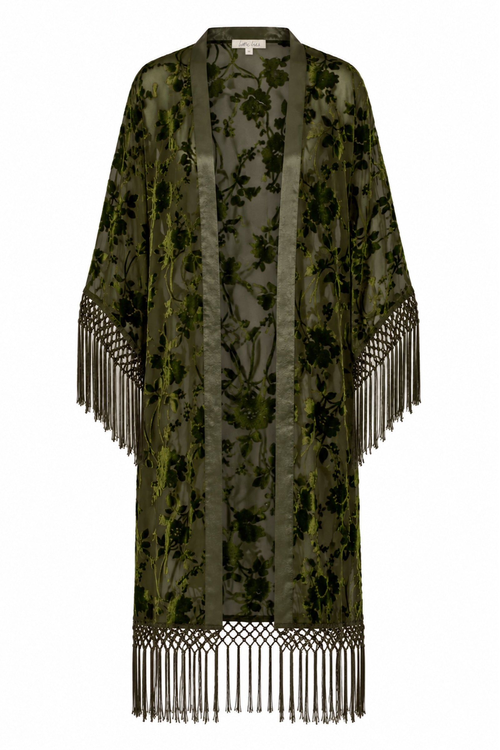 Little Lies Dakota olive devore fringed floral kimono ghost image