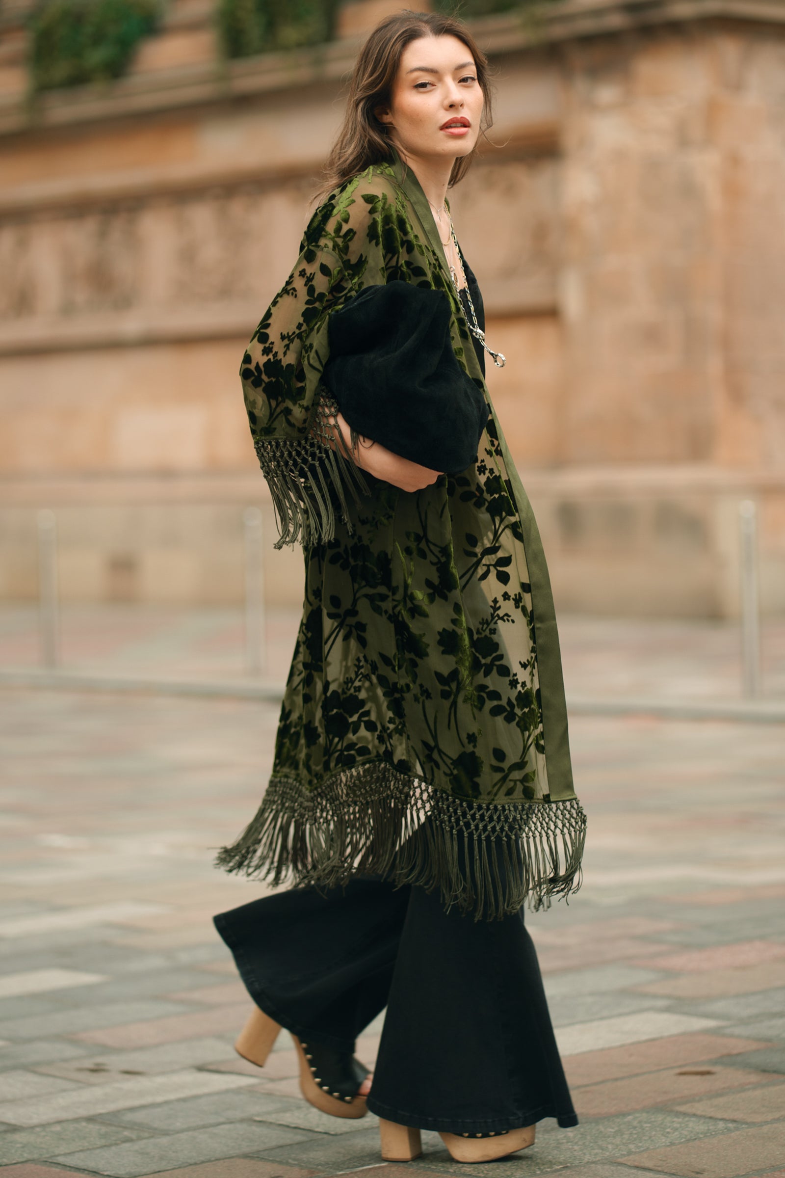 Bronwyn wearing the Dakota Olive floral devore kimono with fringe detail, Glasgow street style