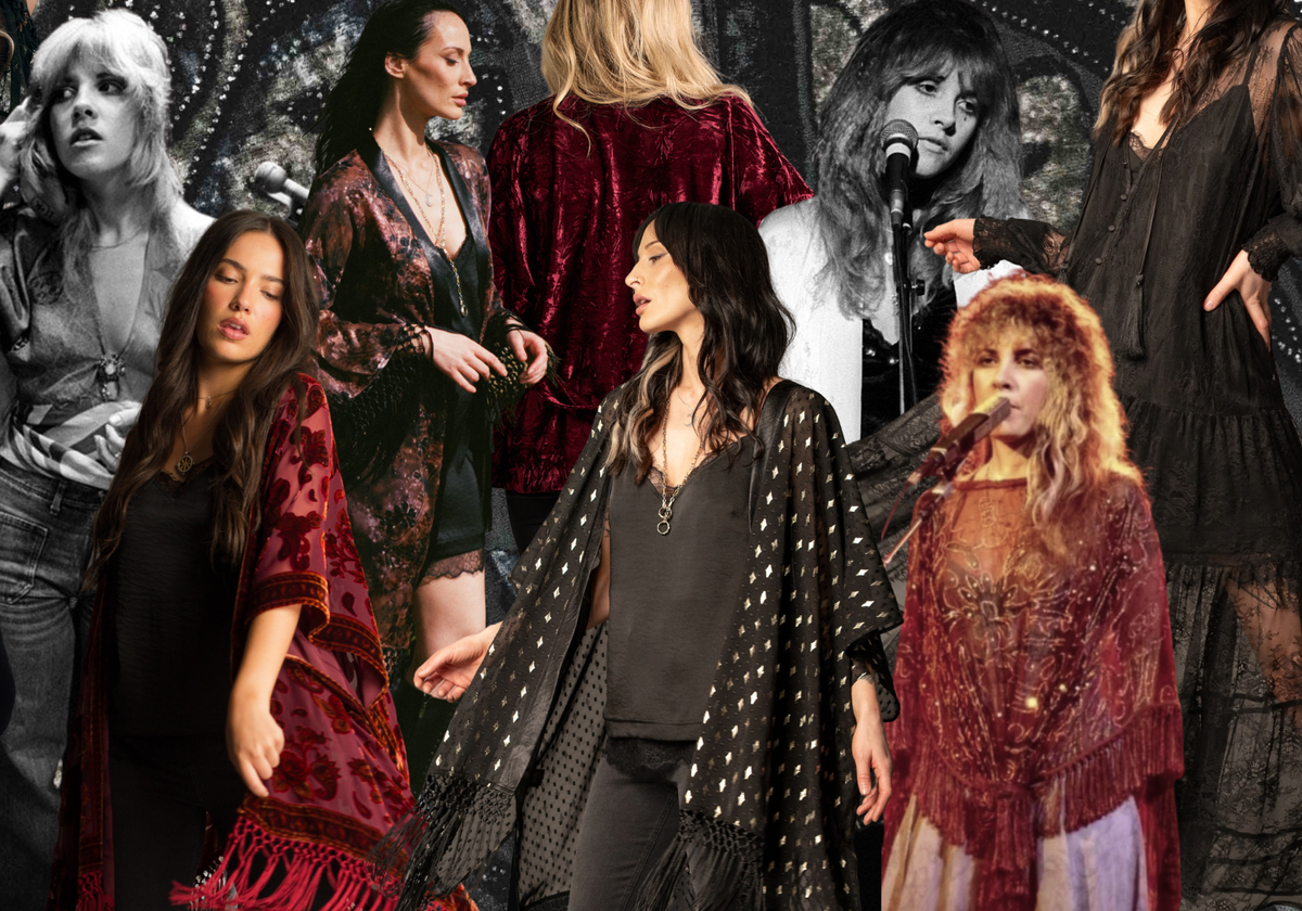 Little Lies Spellbound collection mood board inspired by Stevie Nicks, featuring velvet kimonos, rich merlot tones, celestial prints, fringe details and romantic bohemian styling