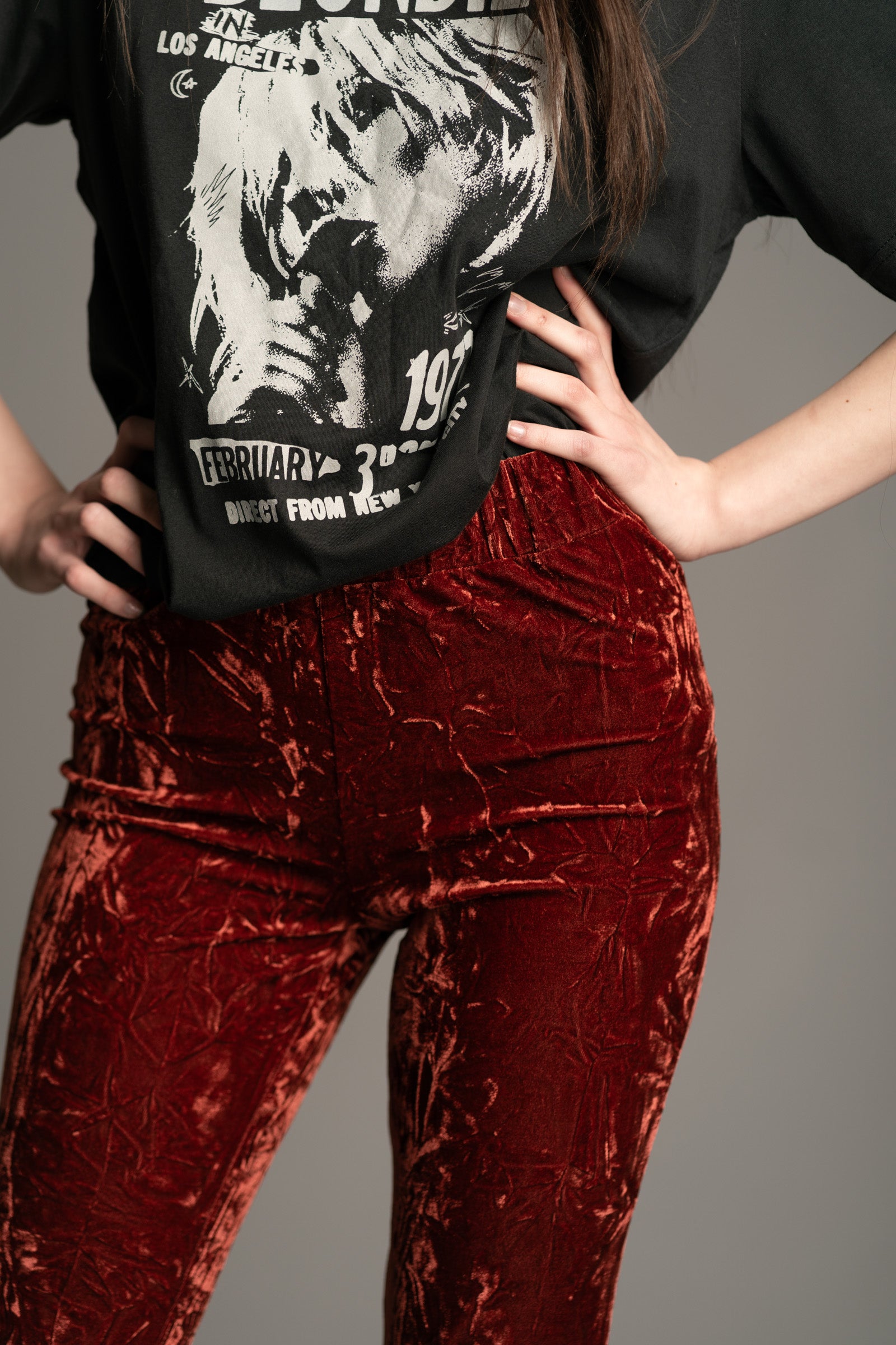 High-waist fit and waistband detail on Little Lies Hendrix Rust Crushed Velvet Flares