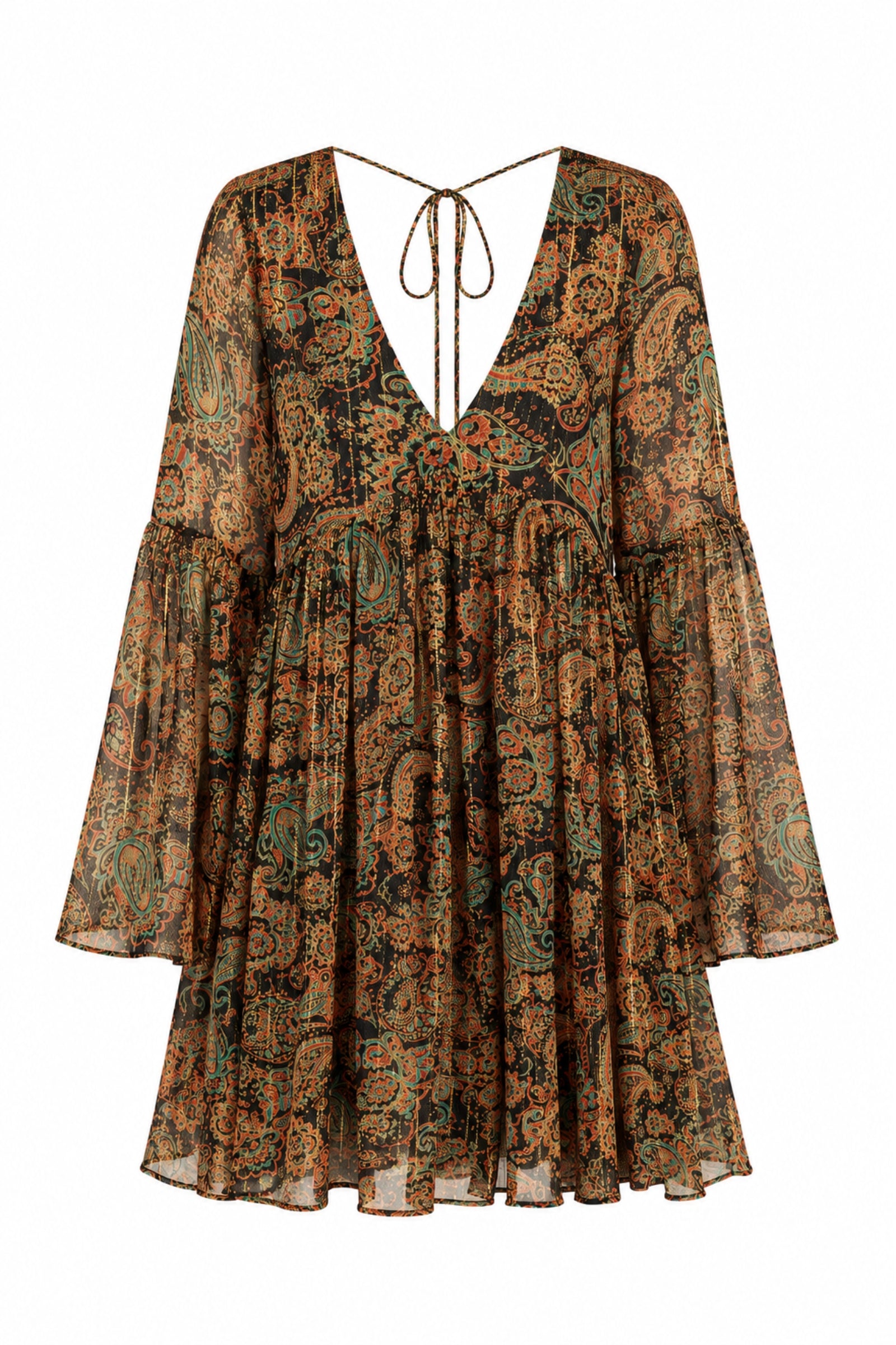 Little Lies Ringo paisley smock dress ghost image showing flared sleeves and V-neckline