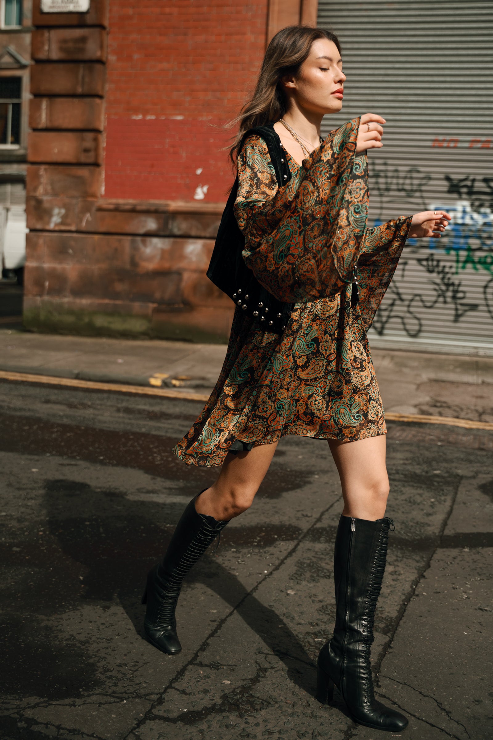 Ringo Paisley Smock Dress flared sleeve detail styled with Lennon black velvet waistcoat, Glasgow street style