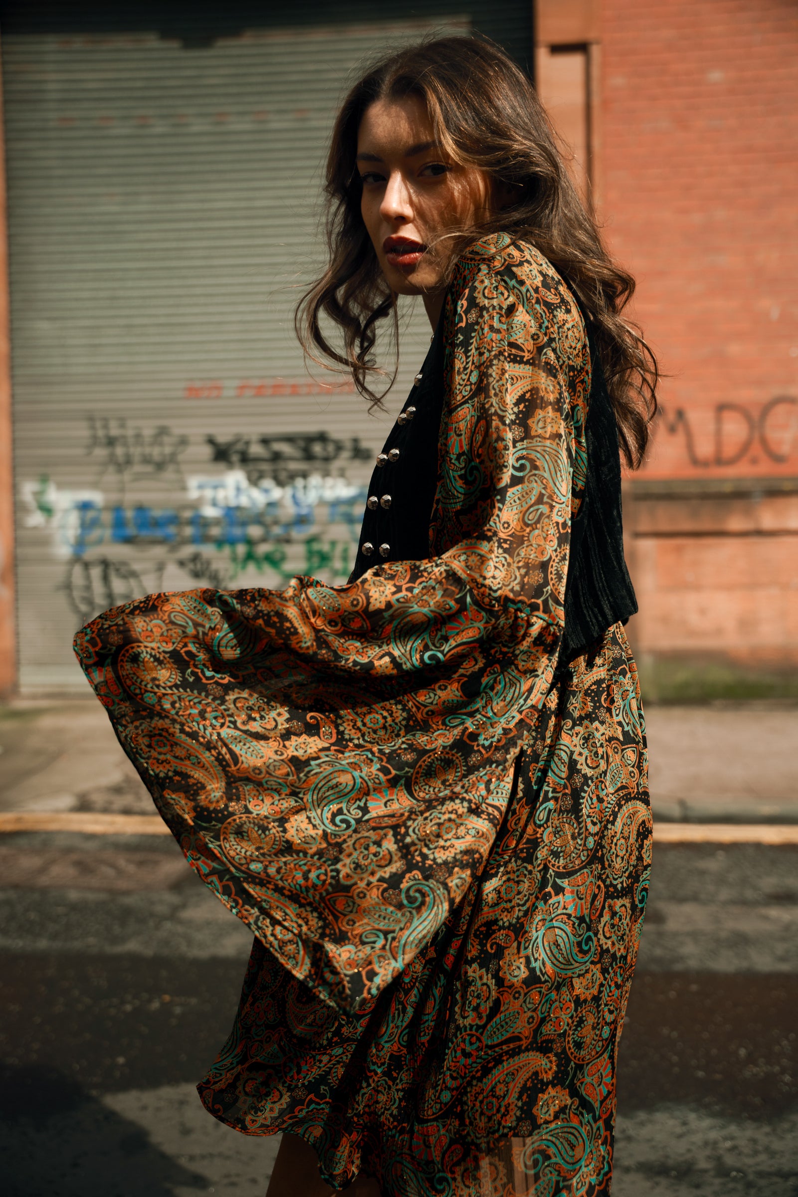 Bronwyn wearing the Ringo Paisley Smock Dress styled with black velvet waistcoat, Glasgow street style
