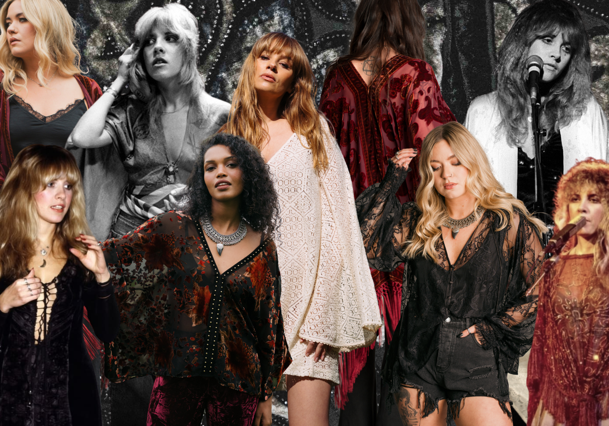 Stevie Nicks Edit featuring Stevie and other models in Little Lies boho rock dresses, kimonos and fringe styling inspired by Stevie Nicks
