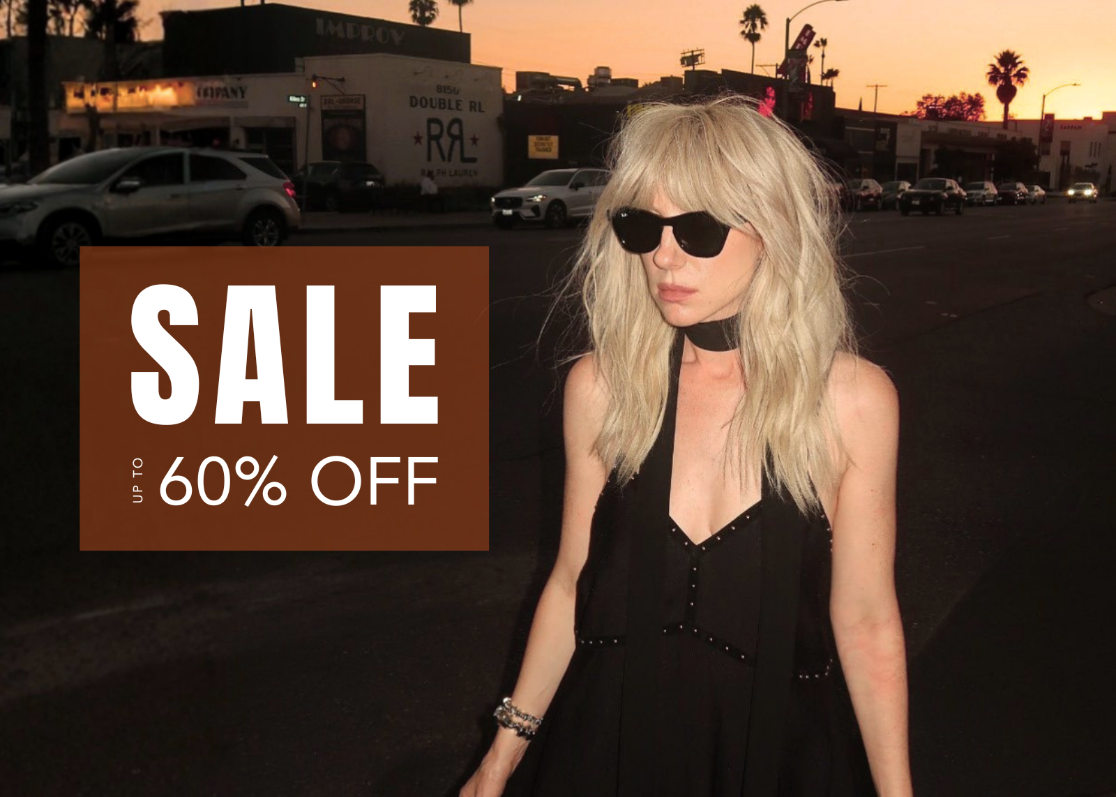 Little Lies summer sale banner, shop up to 60% off. Featuring model in Landslide Studded Slip Dress with sunglasses.