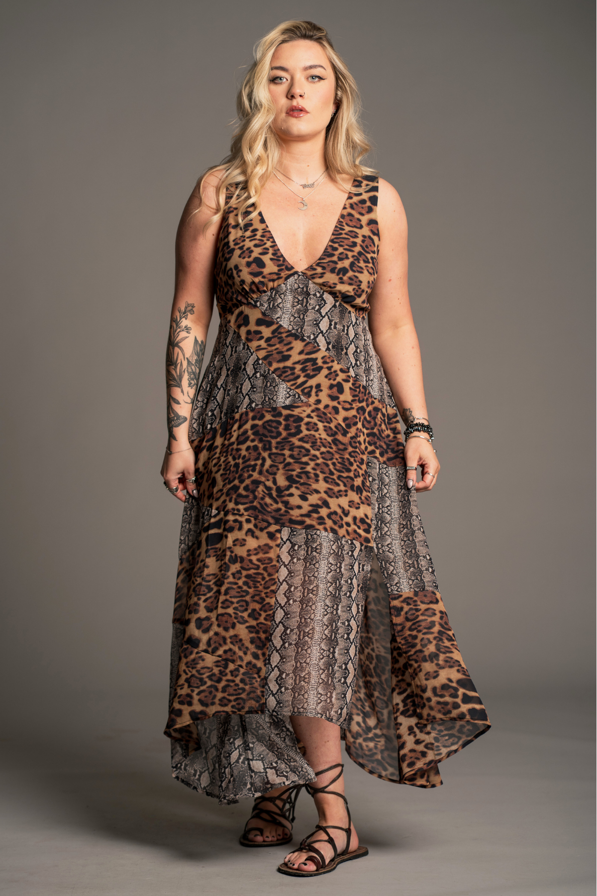 Little Lies Zadie Animal Handkerchief Dress in patchwork leopard and snake print chiffon with deep V neckline.