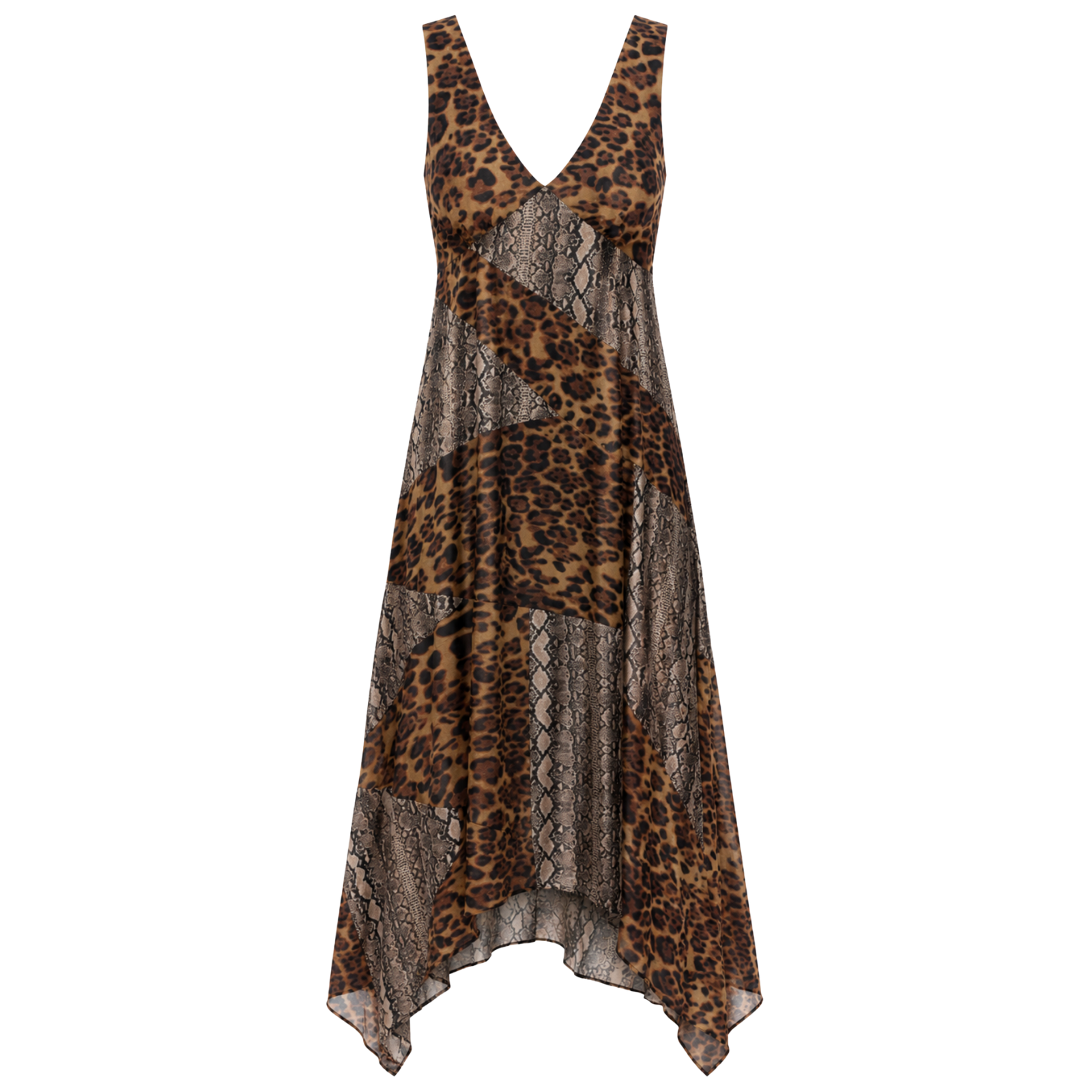 Little Lies Zadie Animal Handkerchief Dress in patchwork leopard and snake print chiffon with deep V neckline and handkerchief hem
