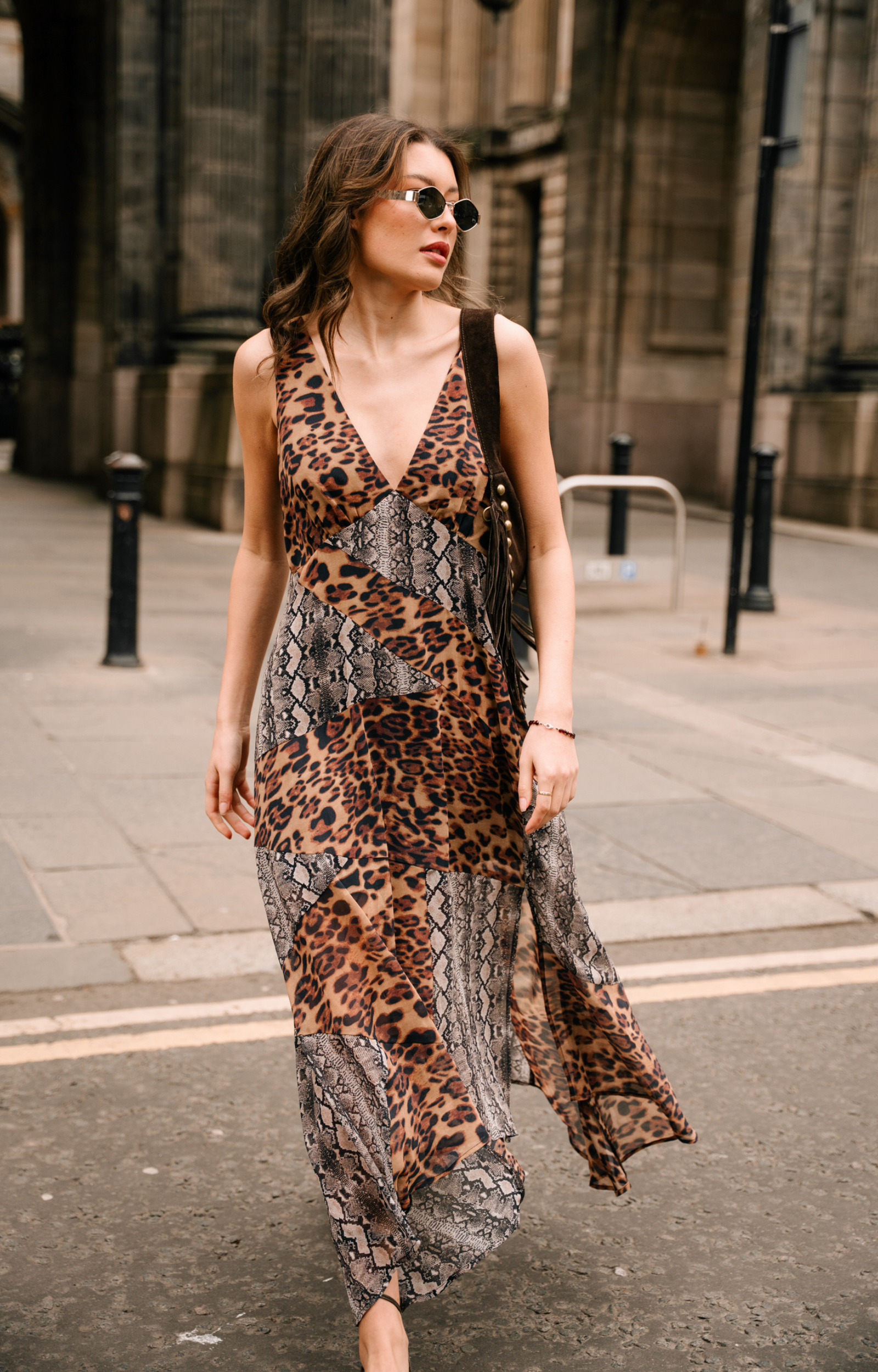 Little Lies Zadie Animal Handkerchief Dress in patchwork leopard and snake print chiffon with deep V neckline and handkerchief hem, street style