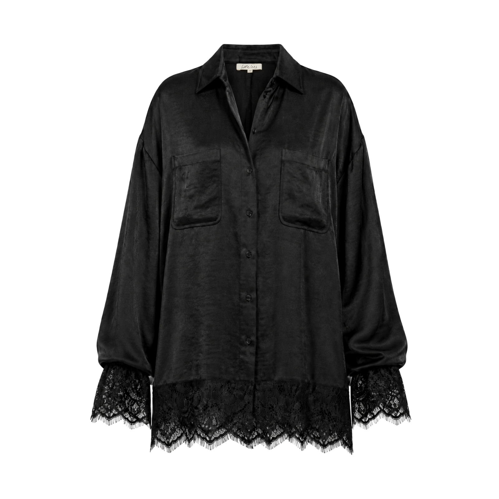 Little Lies Zoë Black Satin Lace Trim Shirt with classic collar, twin chest pockets and scalloped lace hem and cuff detail