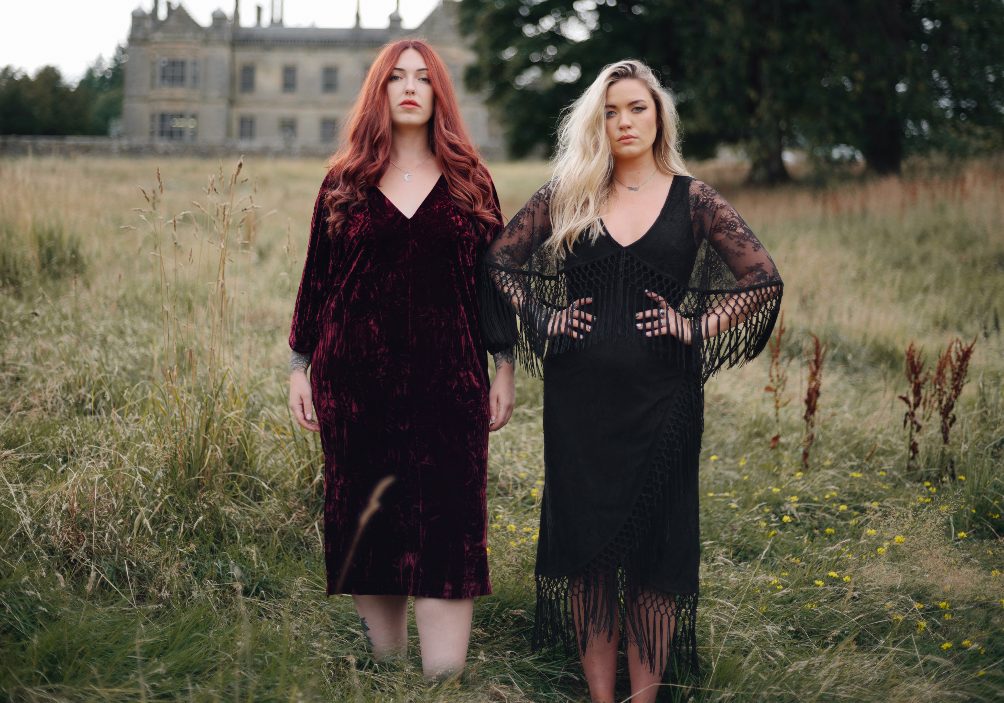 Erin wears Tango in the Night Lace Midi Dress, Taylor wears Rumours Merlot Velvet Midi Dress on Stevie Nicks inspired shoot.
