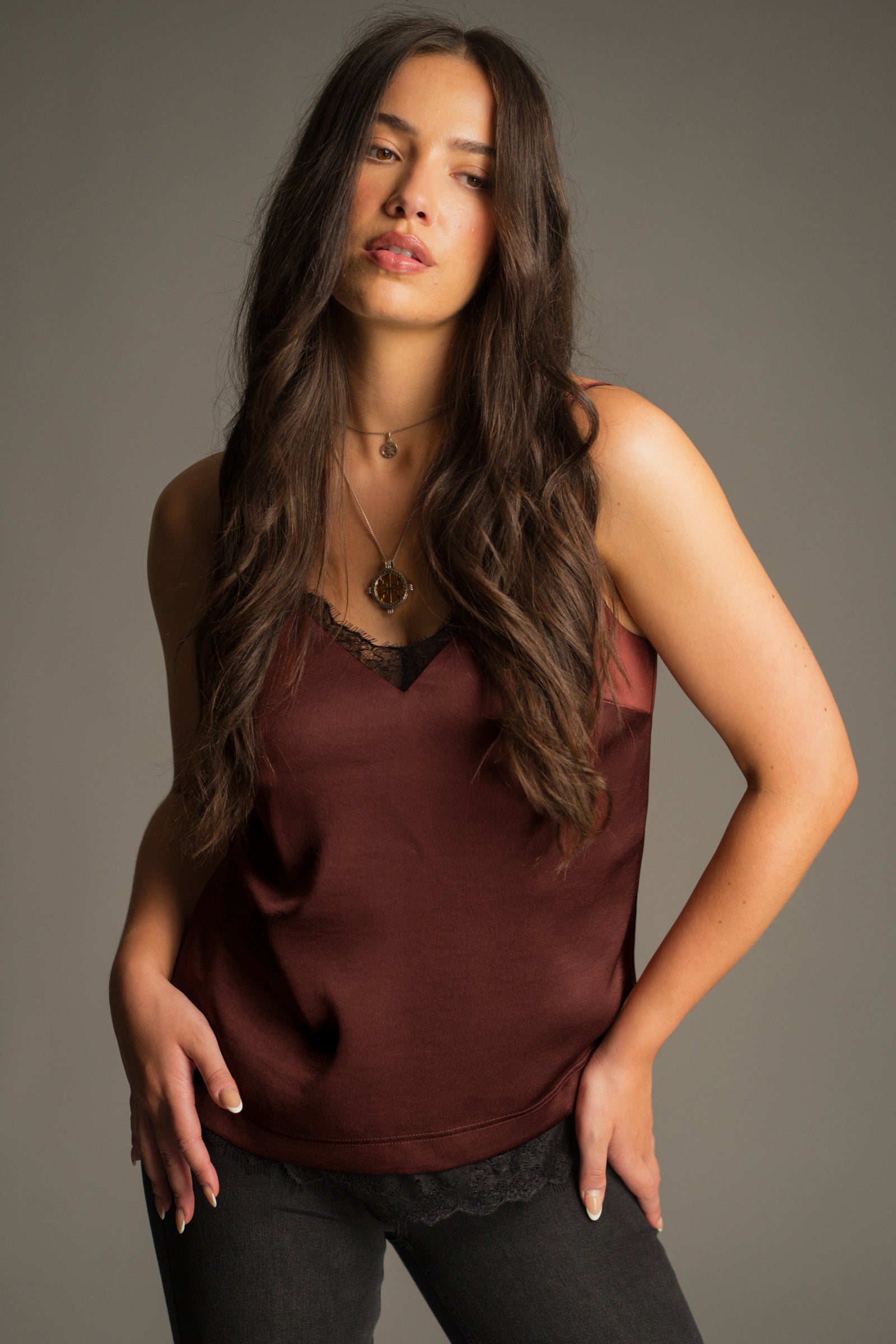 Nightbird Rust Satin Cami Top styled with Hendrix Flares for an easy 70s look.