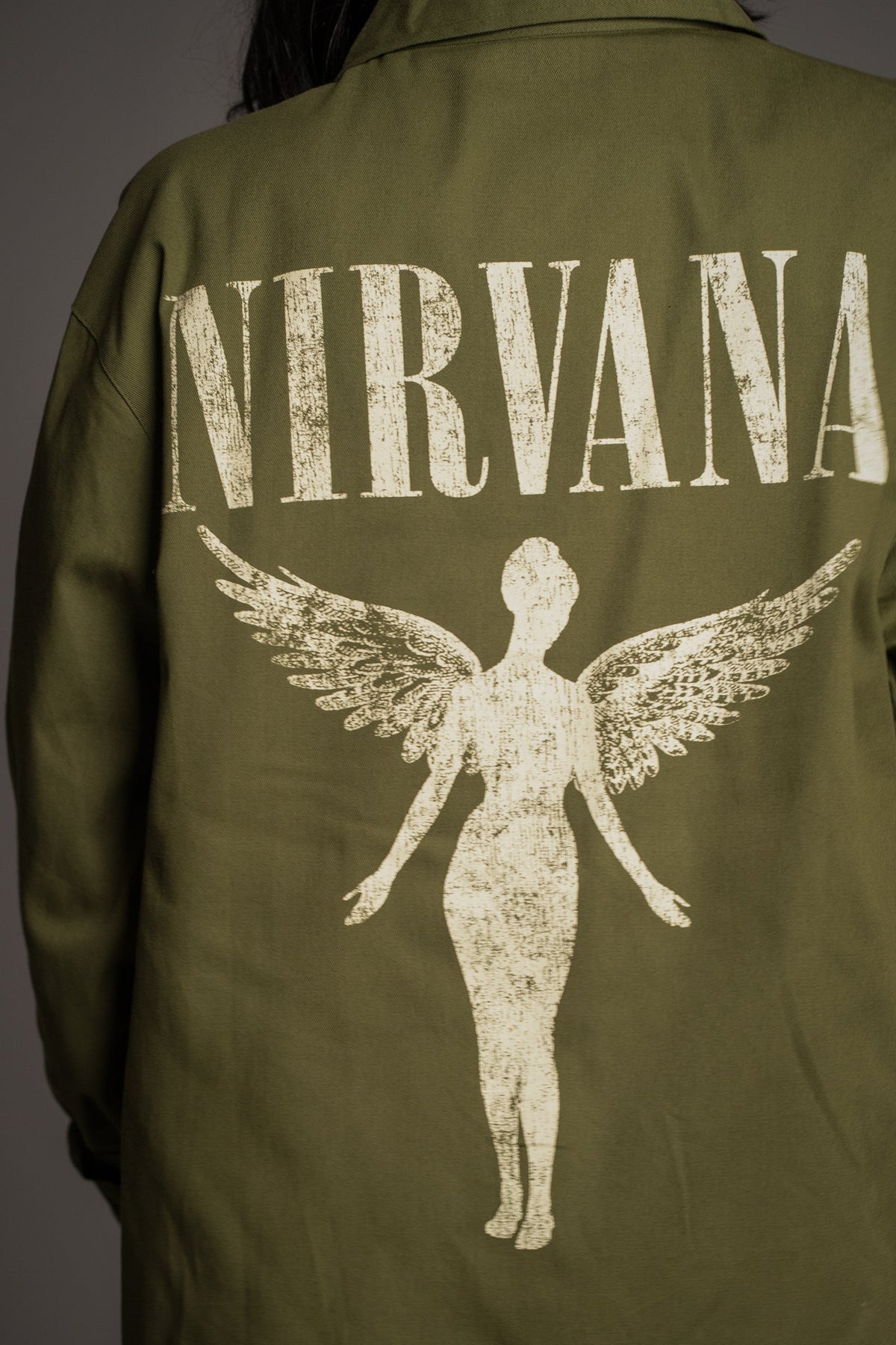 Detail of the In Utero angel graphic on the back of the Nirvana khaki overshirt