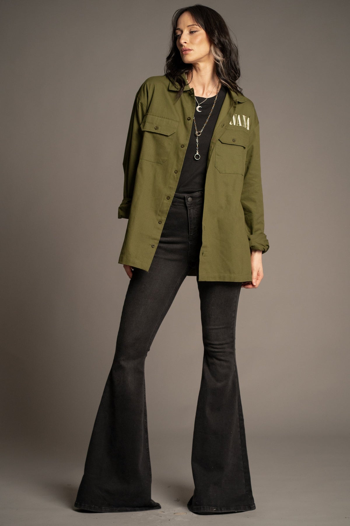 Victoria wearing the Nirvana In Utero khaki overshirt, front view