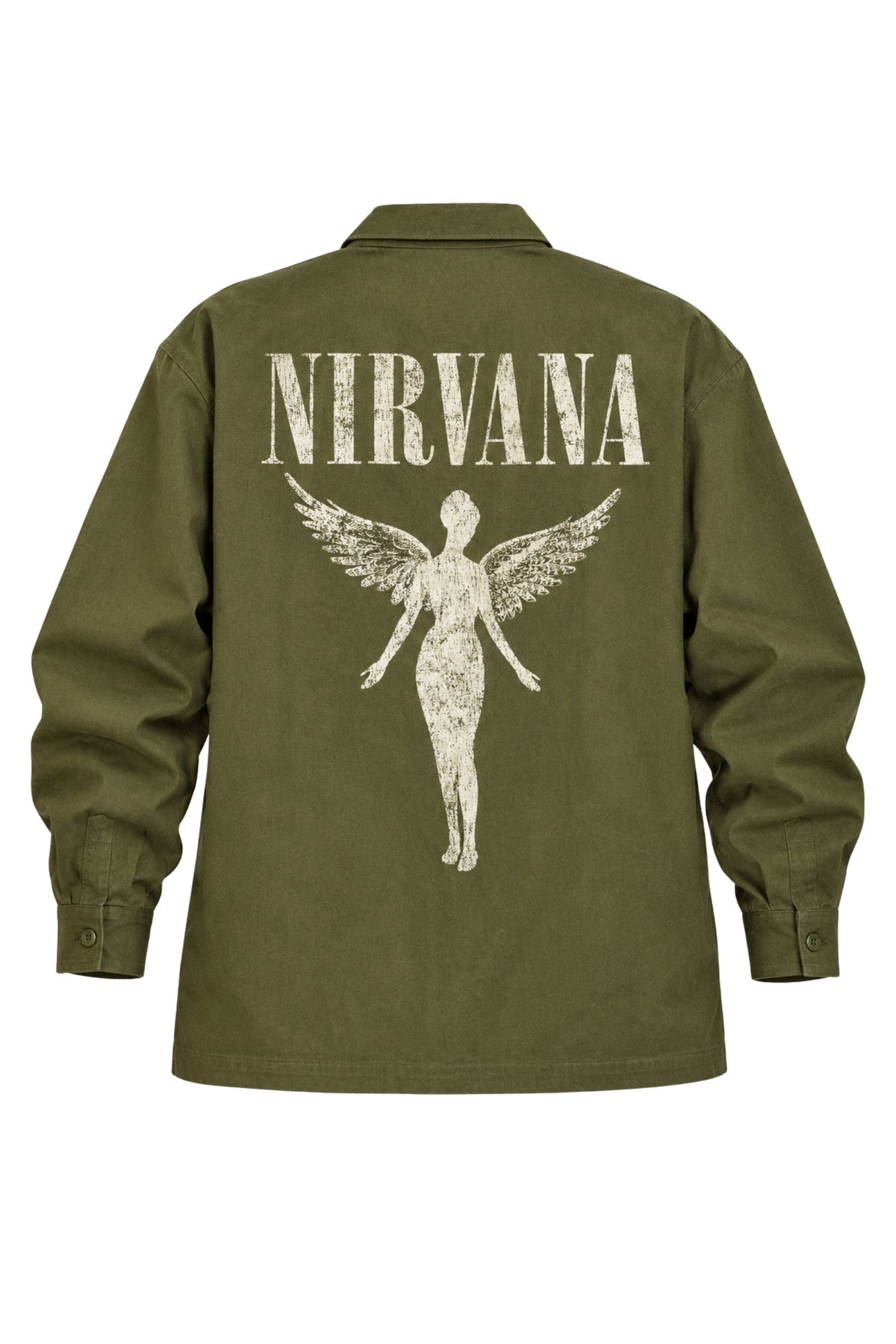 Nirvana In Utero khaki overshirt back product view with angel graphic