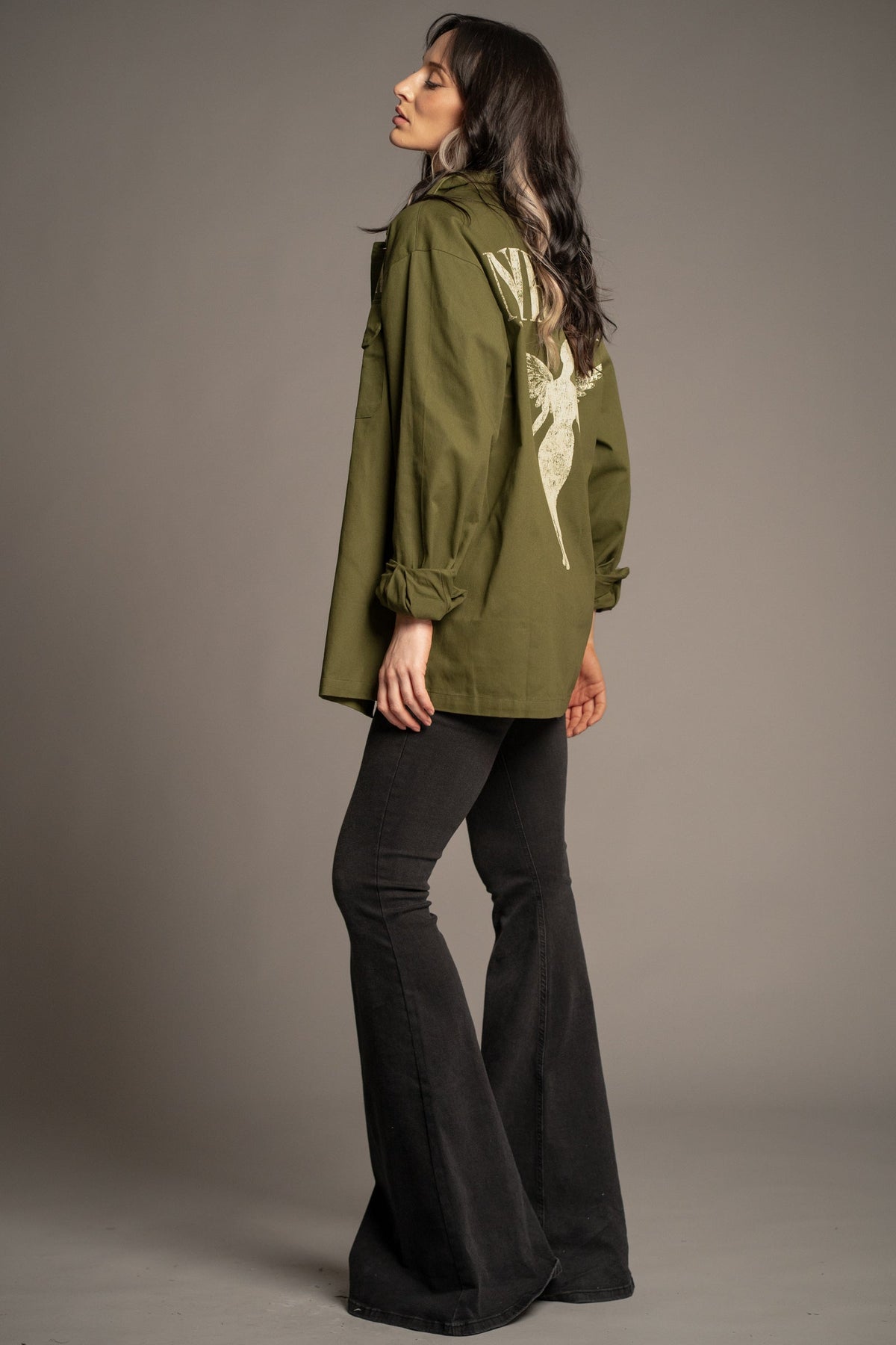Victoria styling the Nirvana In Utero khaki overshirt, back view
