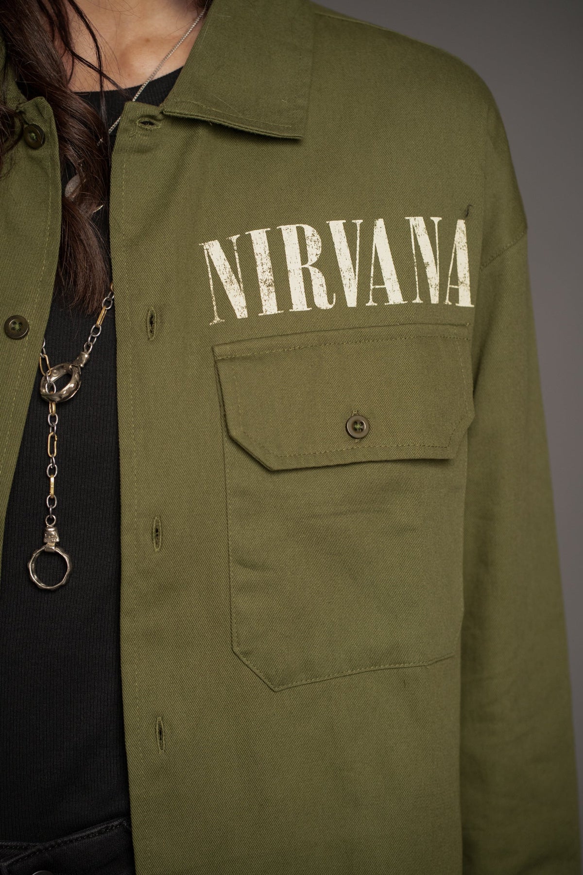 Victoria styling the Nirvana In Utero khaki overshirt
