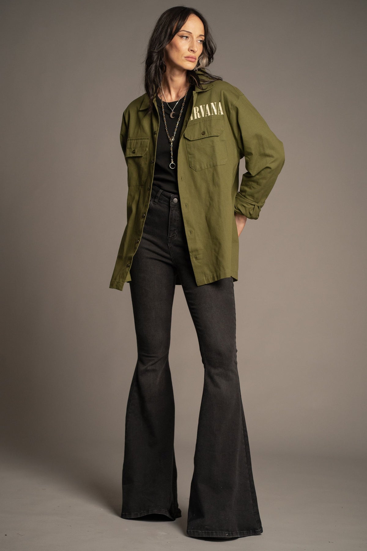 Victoria styling the Nirvana In Utero khaki overshirt with Hendrix Denim Flares