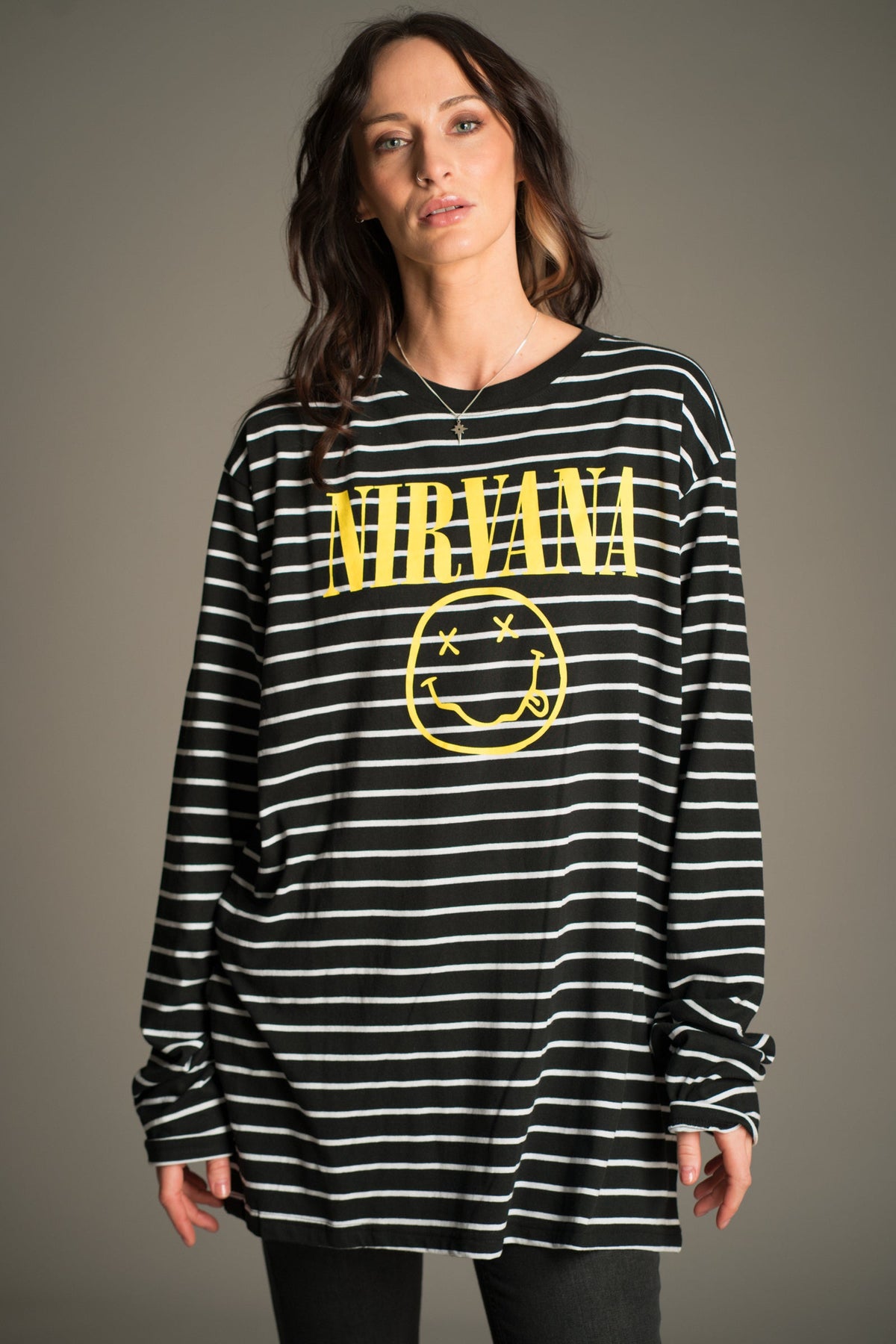 Nirvana striped long sleeve T-shirt with smiley graphic, front view
