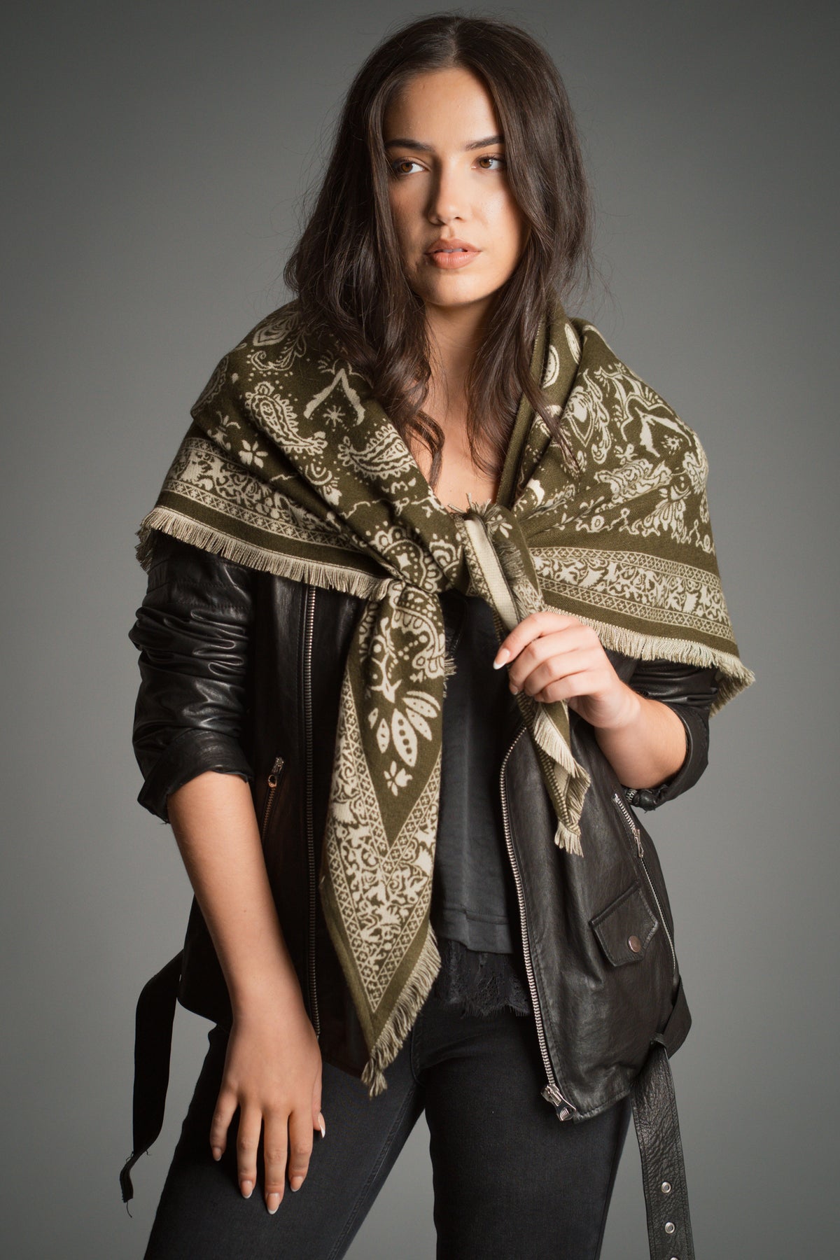 Olive Knitted Paisley Bandana Scarf