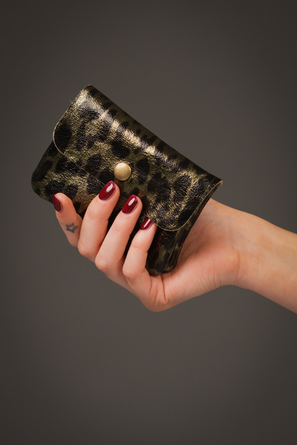 Olive Metallic Genuine Suede Leopard Purse