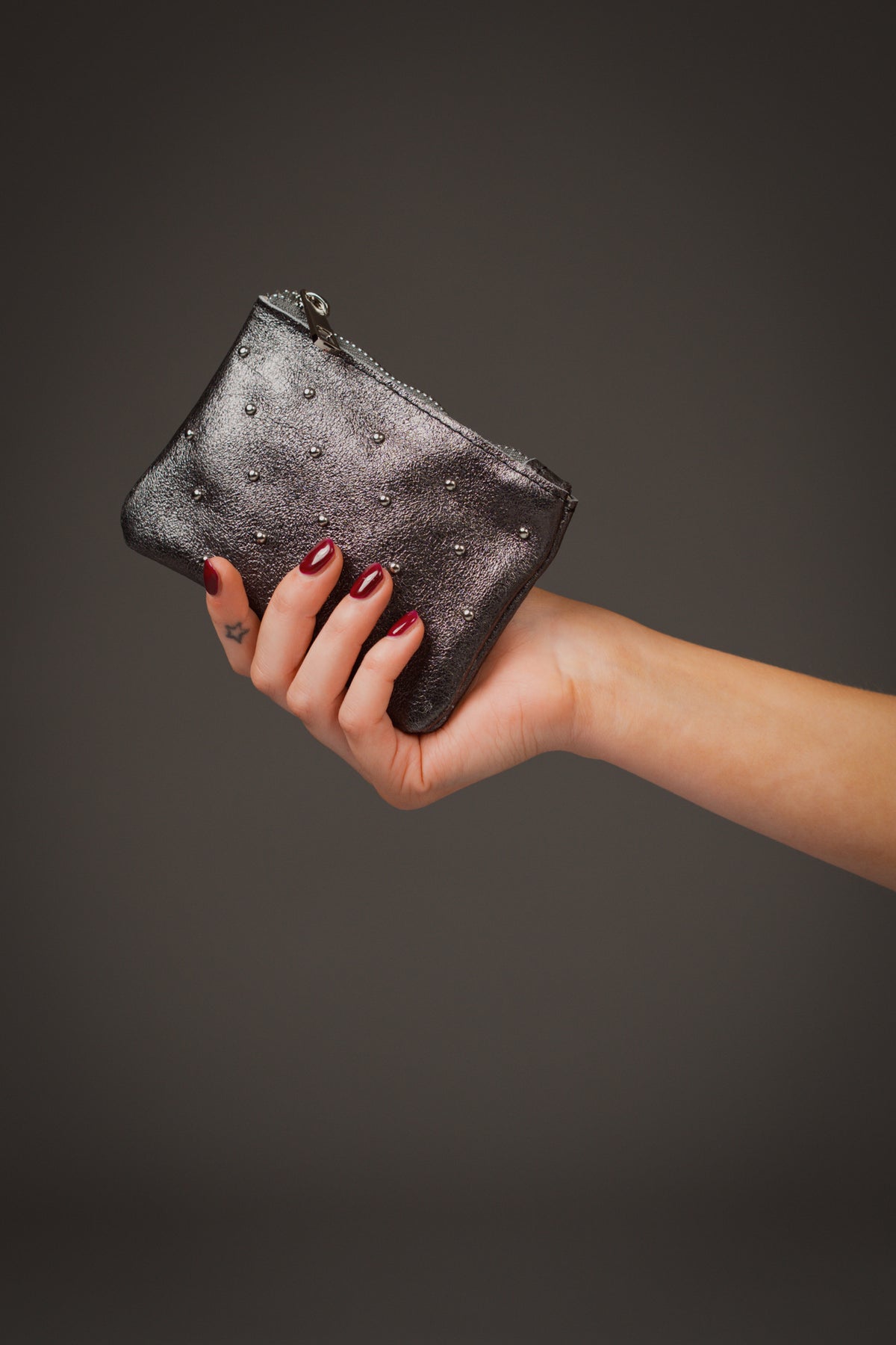 Studded Gunmetal Genuine Leather Purse