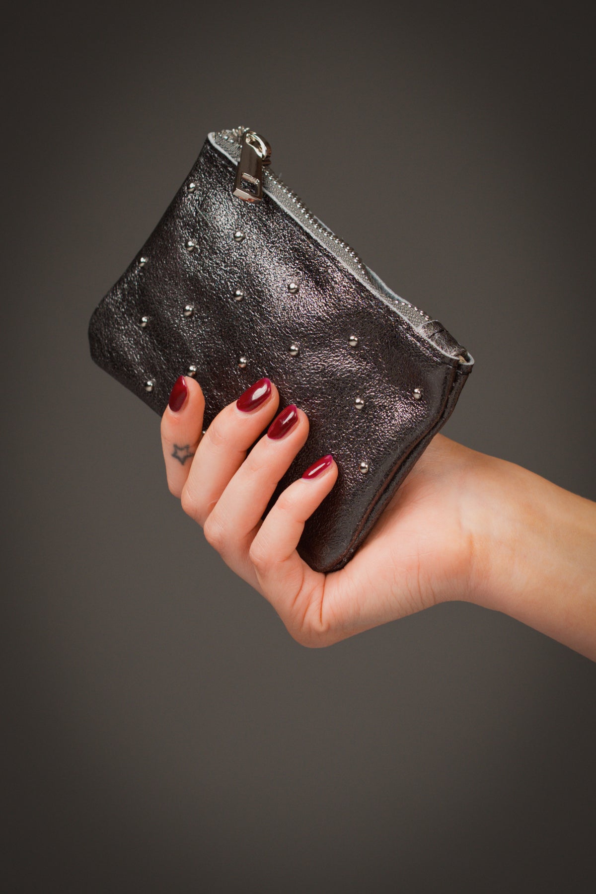 Studded Gunmetal Genuine Leather Purse