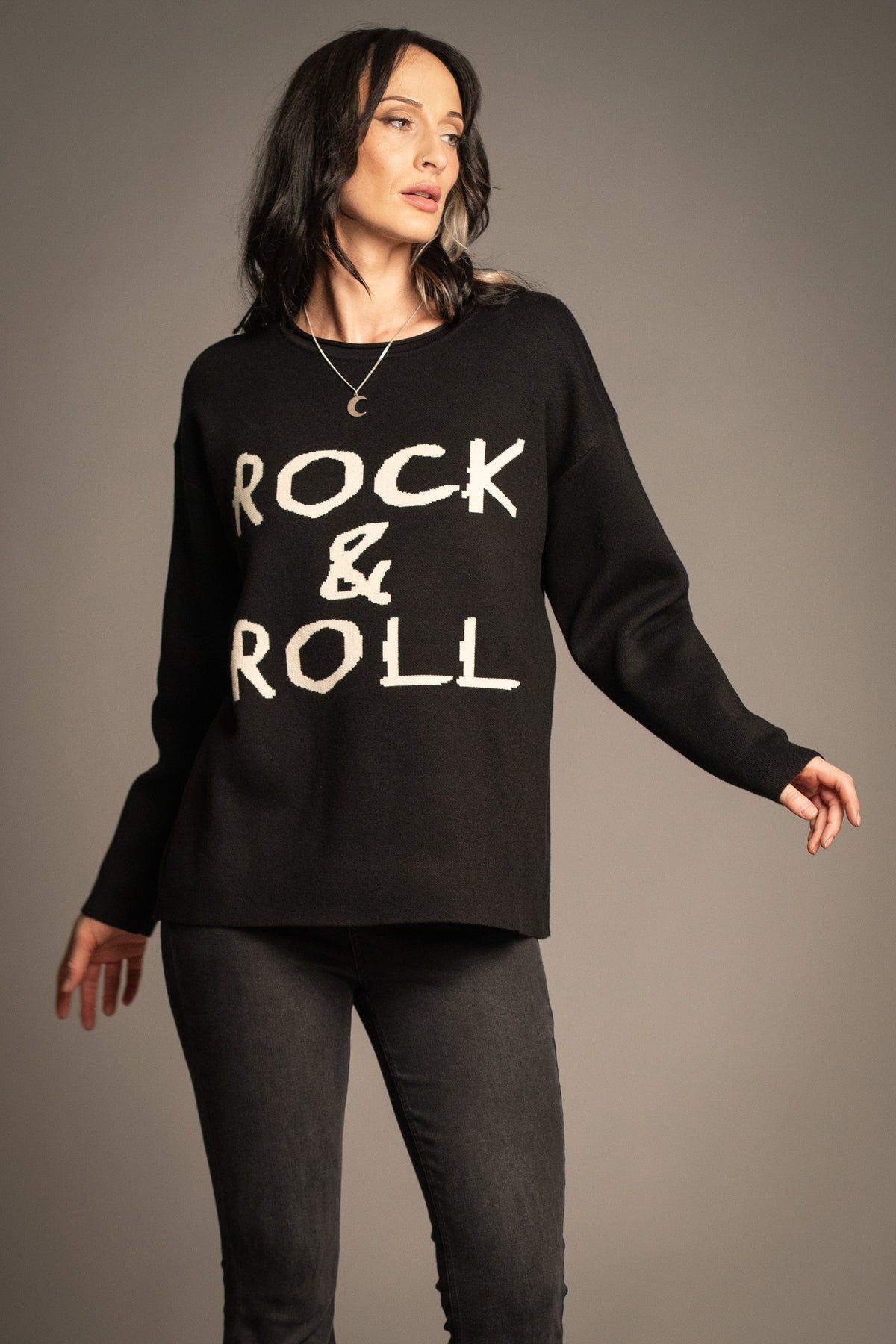 Black Rock & Roll Knit Jumper by Little Lies with statement ivory slogan design and relaxed silhouette