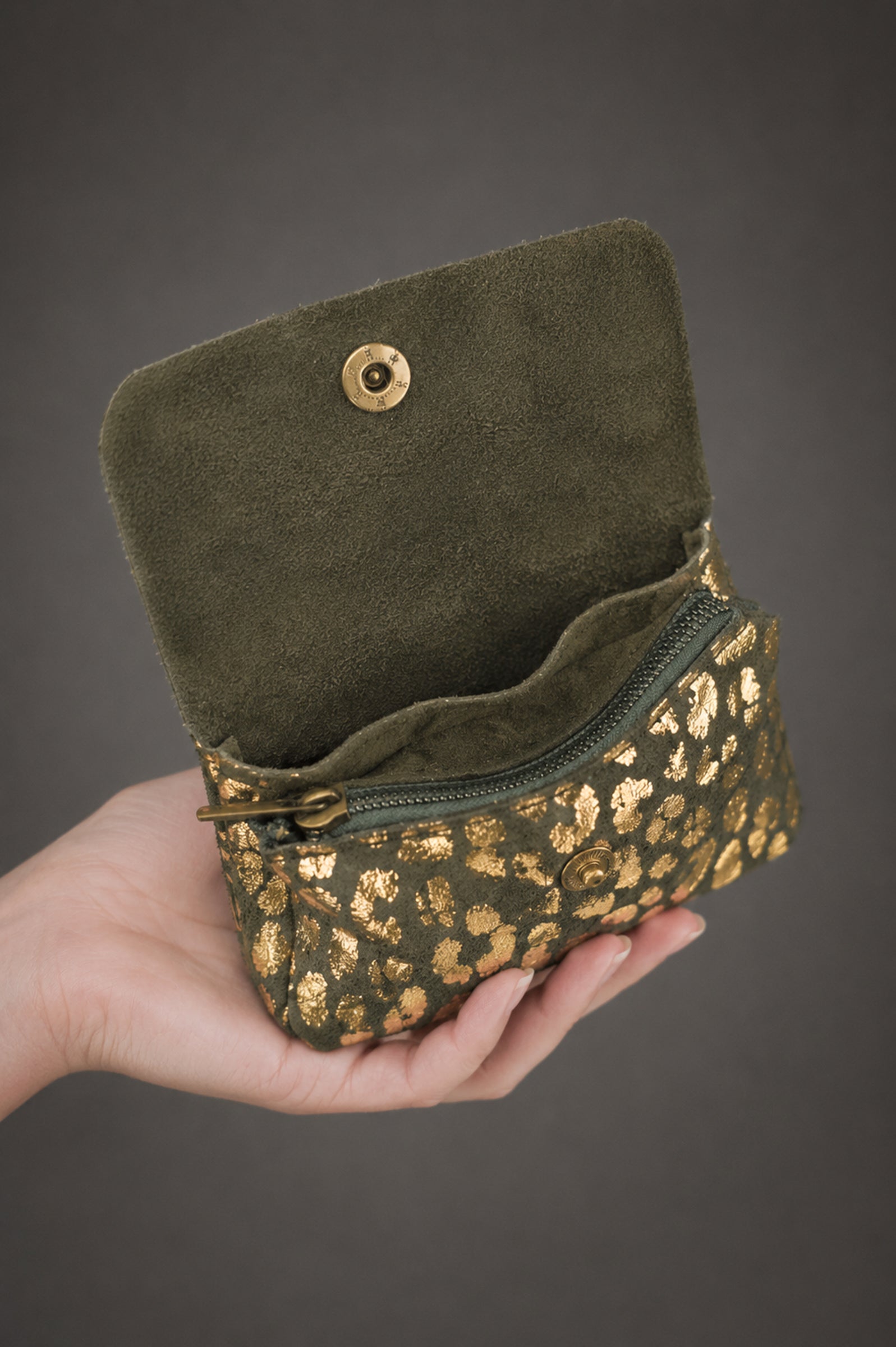 Inside view of sage metallic leopard genuine suede coin purse