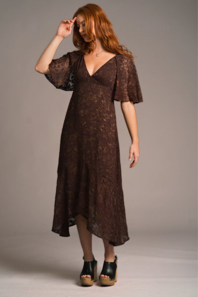 Anna wearing the Brown Sugar cape maxi chiffon dress, Stevie Nicks inspired styling studio