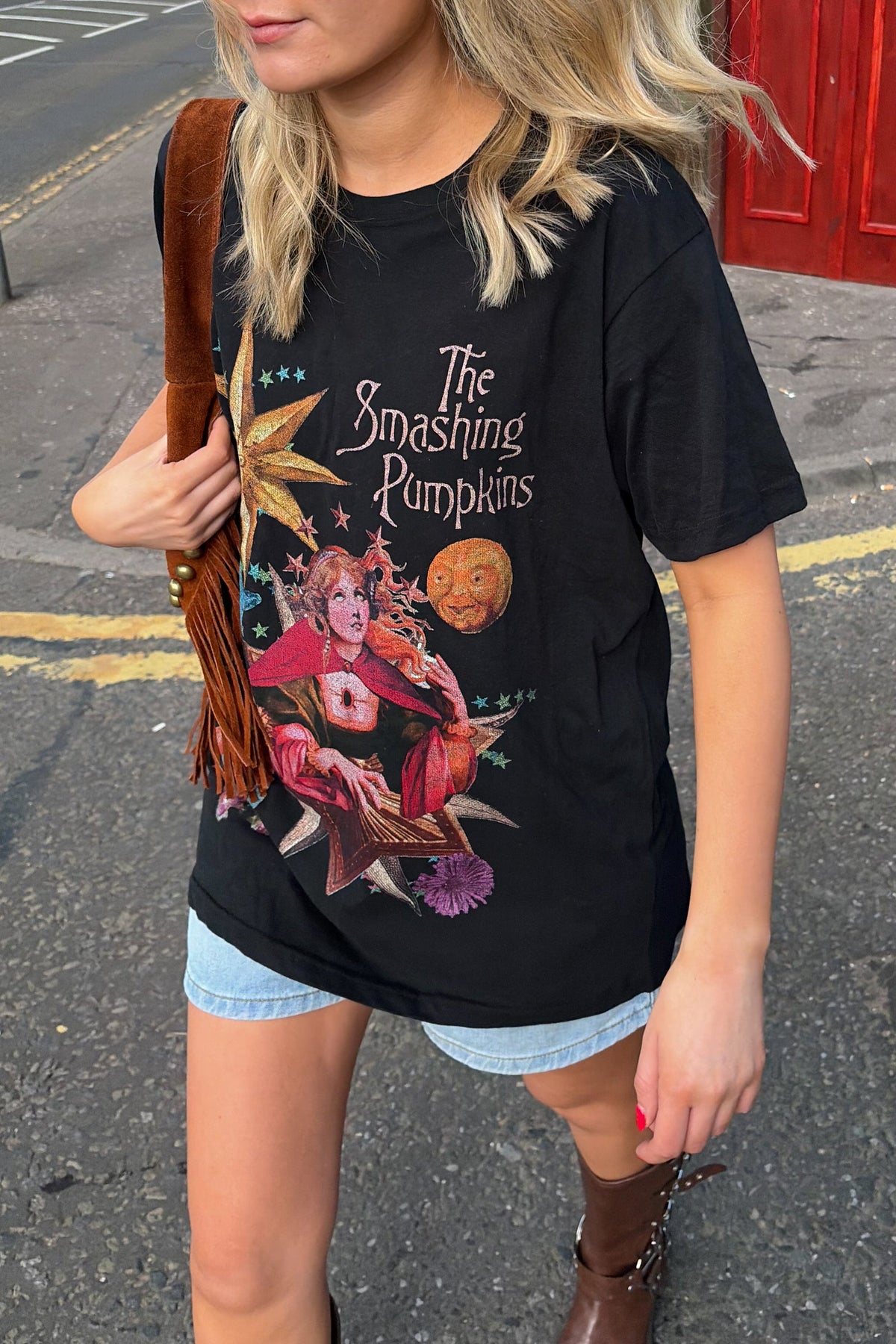 The Smashing Pumpkins Celestial black band T-shirt styled with denim shorts and boots