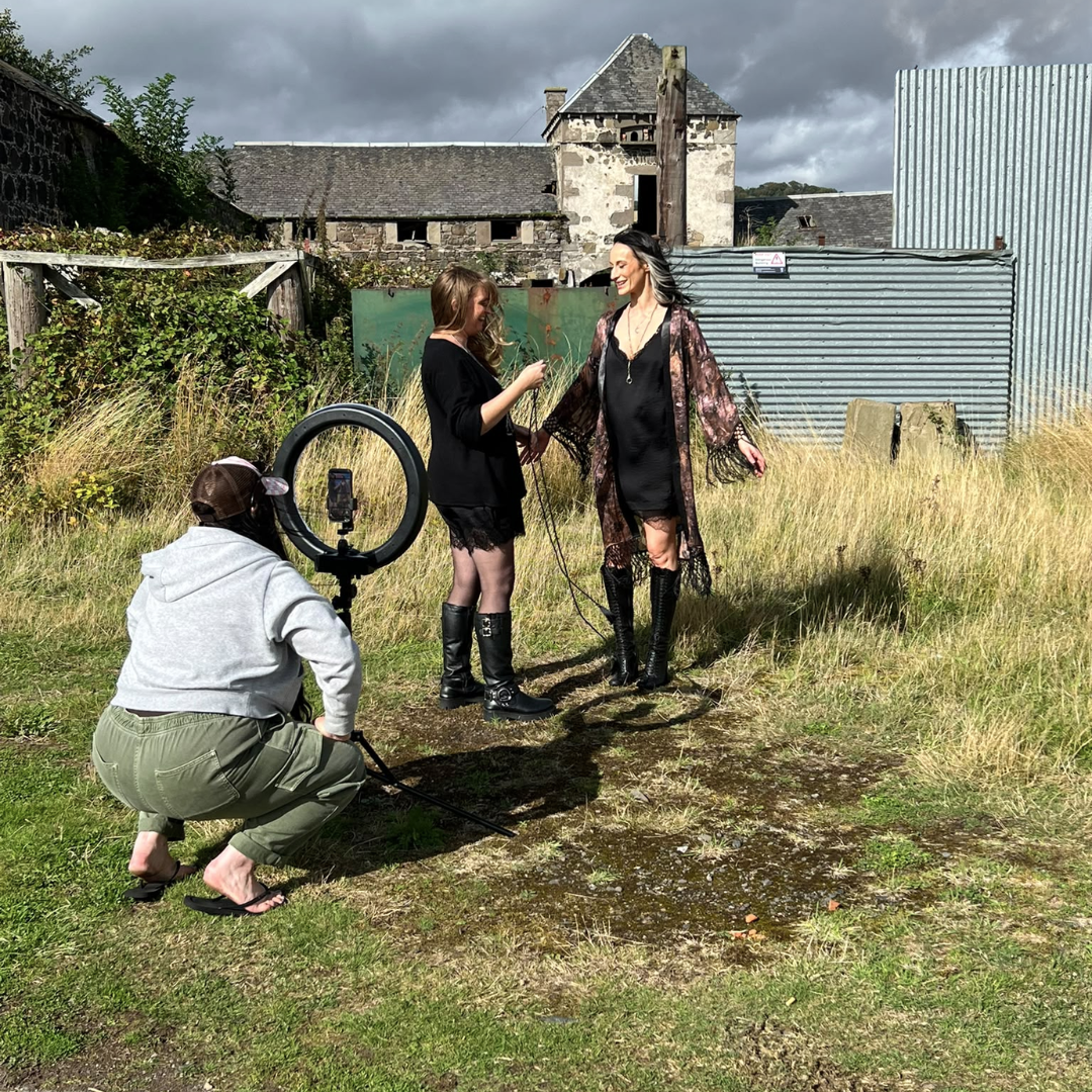 Little Lies Practical Magic fringed kimono during an outdoor autumn fashion photoshoot