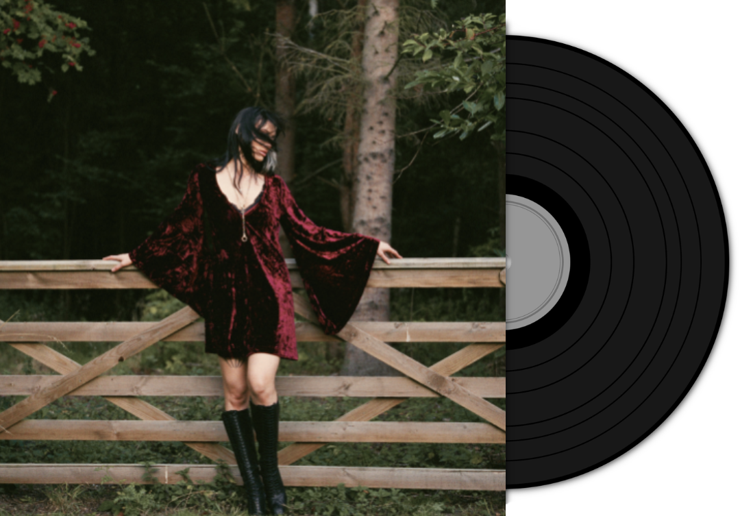 Spellbound collection artwork featuring the Little Lies Sara Merlot Velvet Mini Dress styled as a retro vinyl record cover