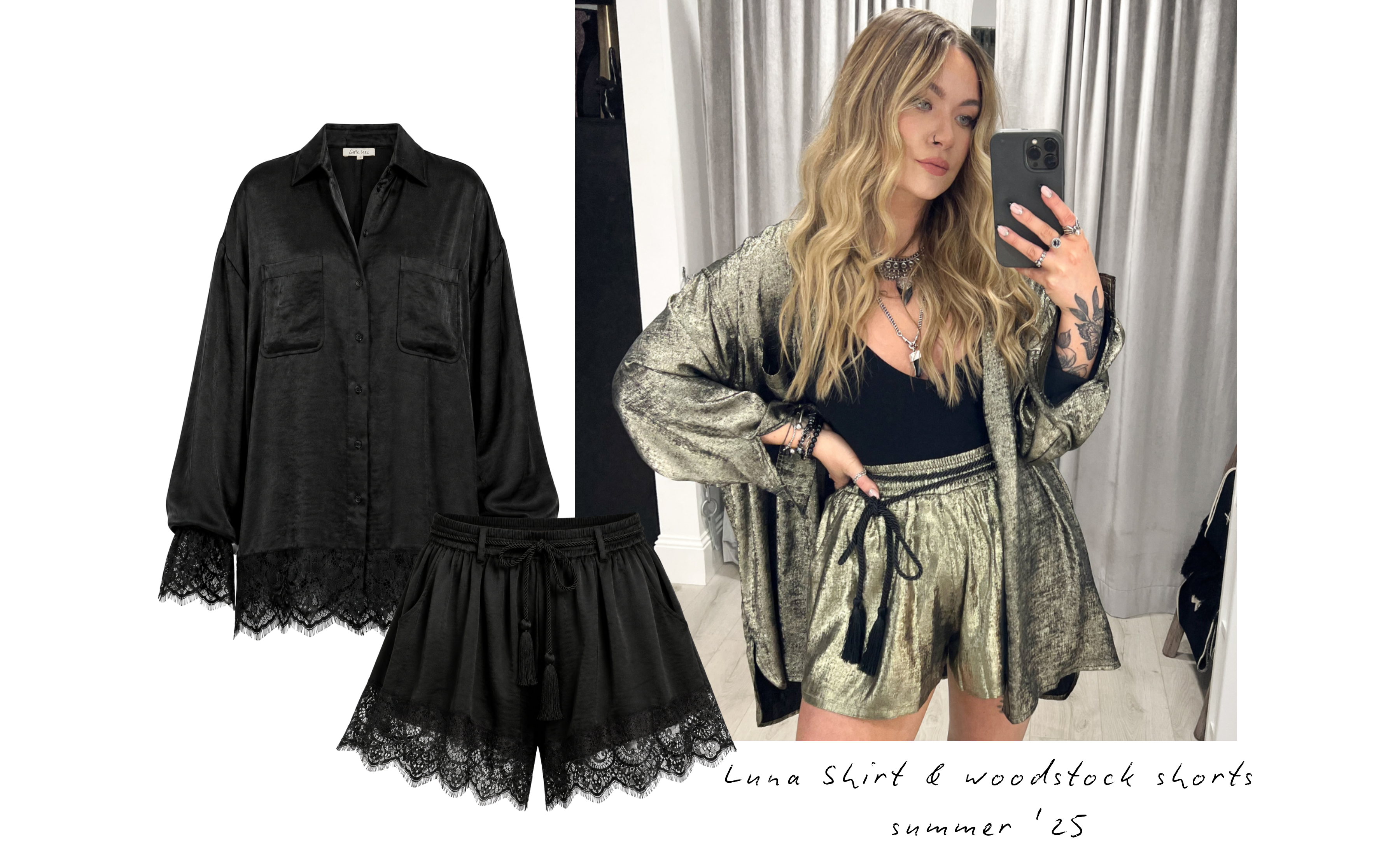 Model wearing Luna Metallic Shirt and Woodstock Gold Metallic Shorts. Also featuring ghost images of Zoe Lace Trim Shorts & Top.