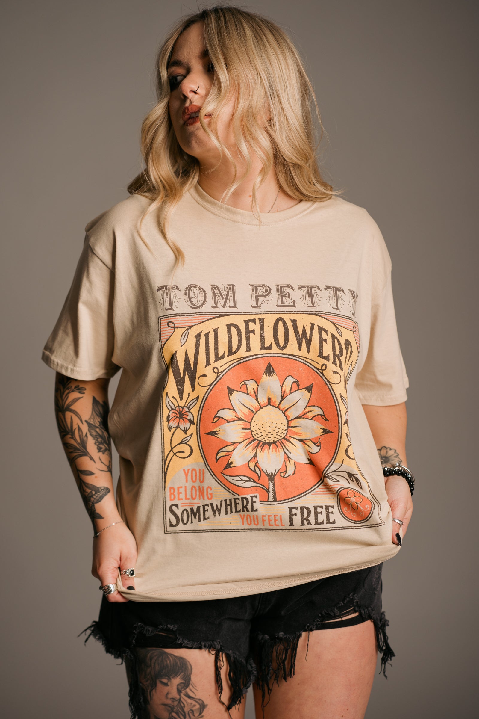 Tom Petty Wildflowers Band Tee worn oversized and layered from Little Lies