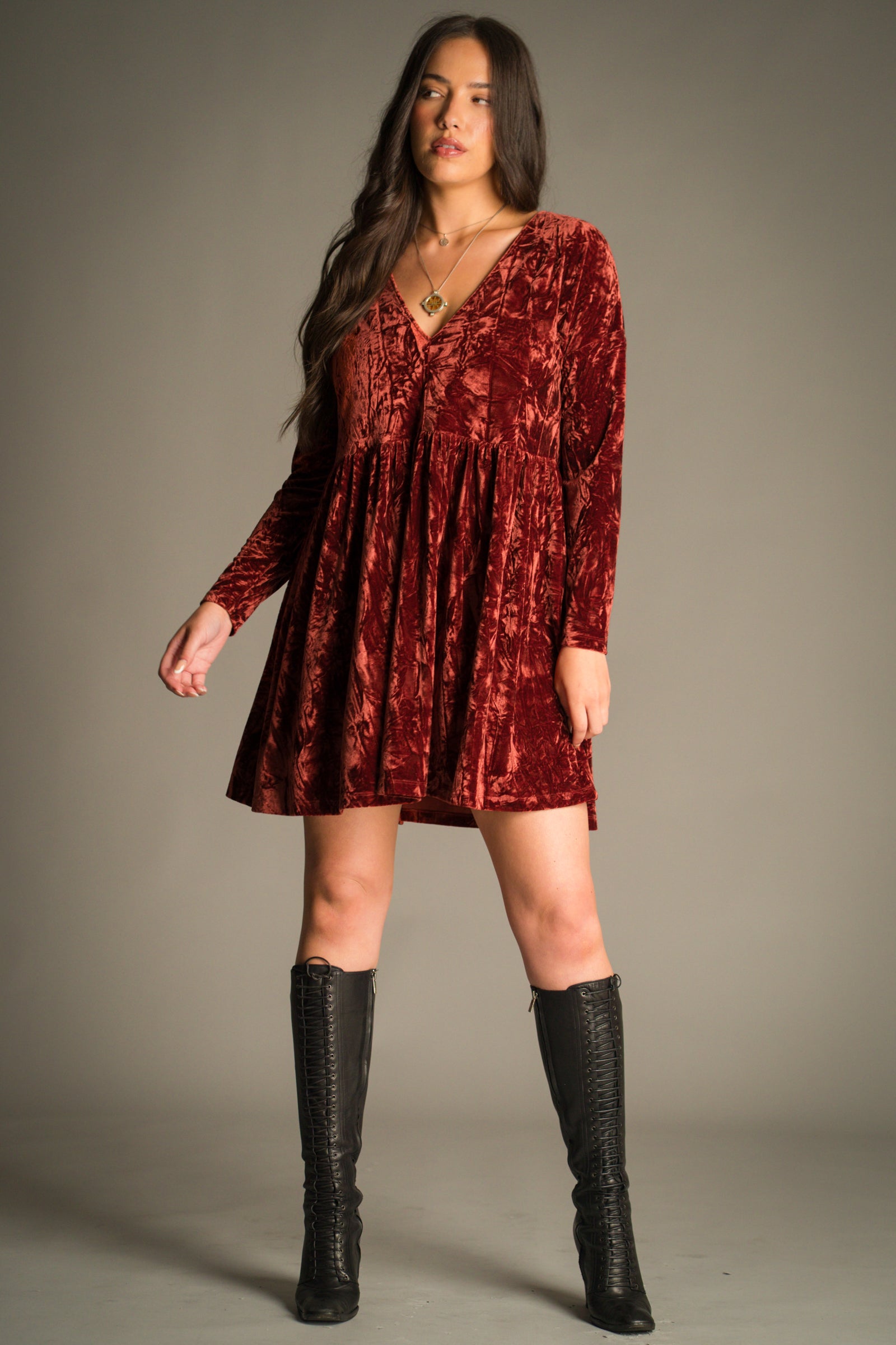 Velvet Goldmine Rust Smock Dress styled with Vintage YSL black knee high boots.