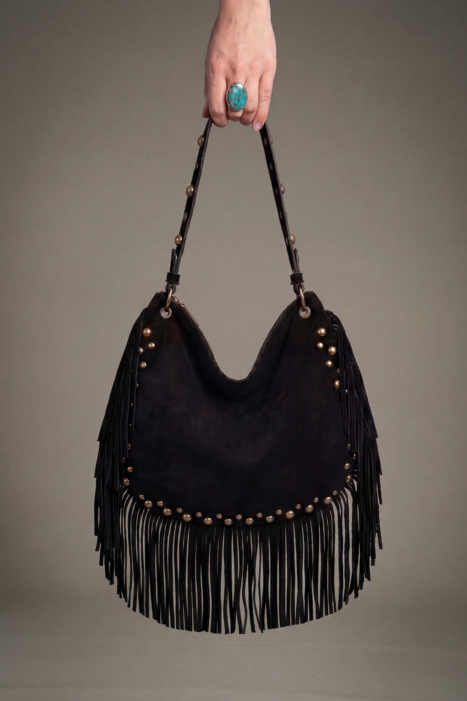 Willow Black faux suede studded fringe slouchy bag front view