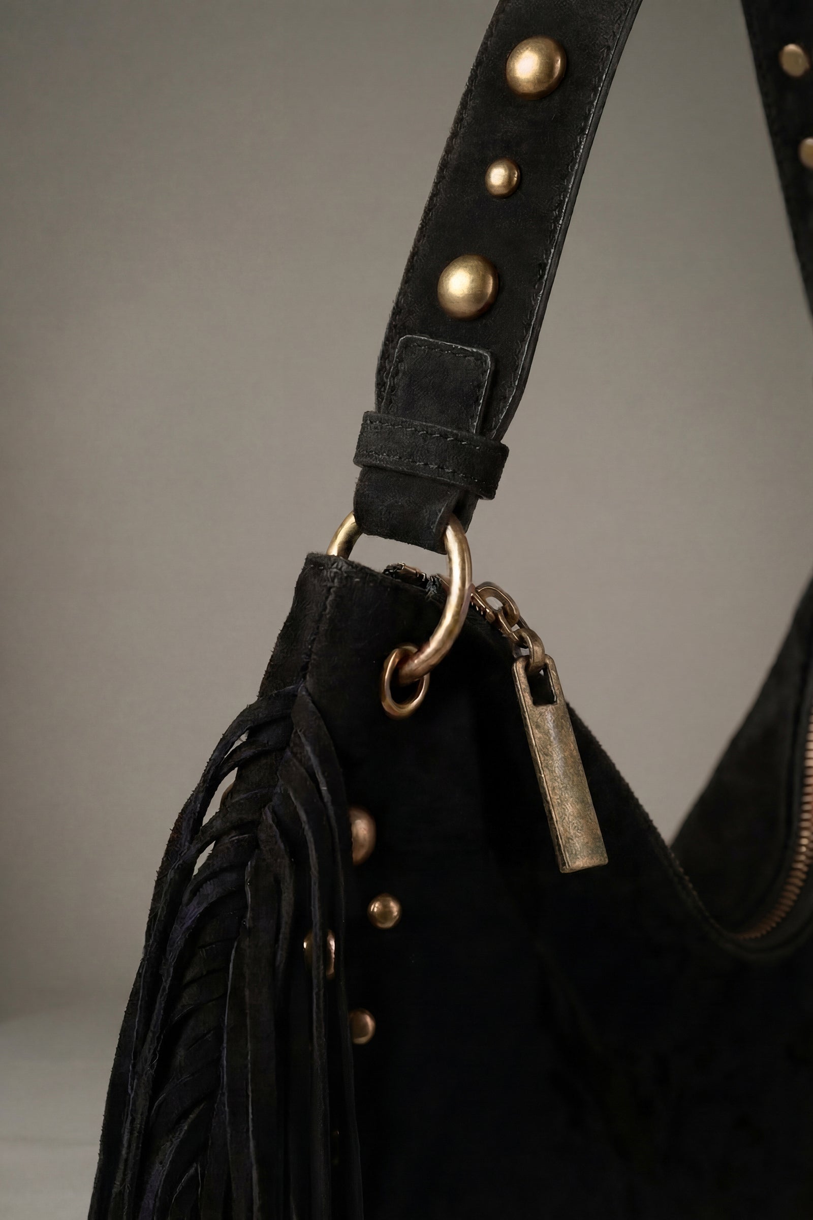 Studded strap detail on Willow black slouchy shoulder bag