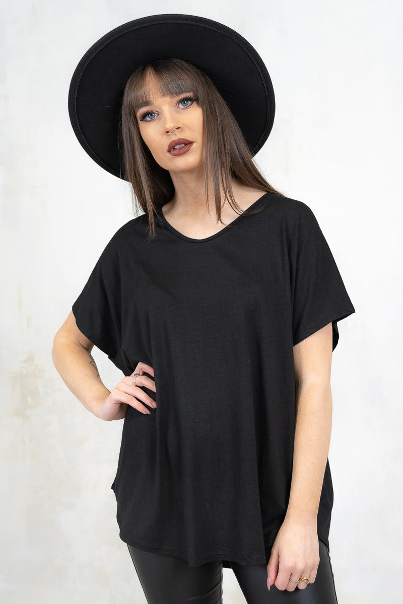 Model Wearing Gimme Danger Black Slouch Tee - Black slouchy fit tee with batwing sleeve