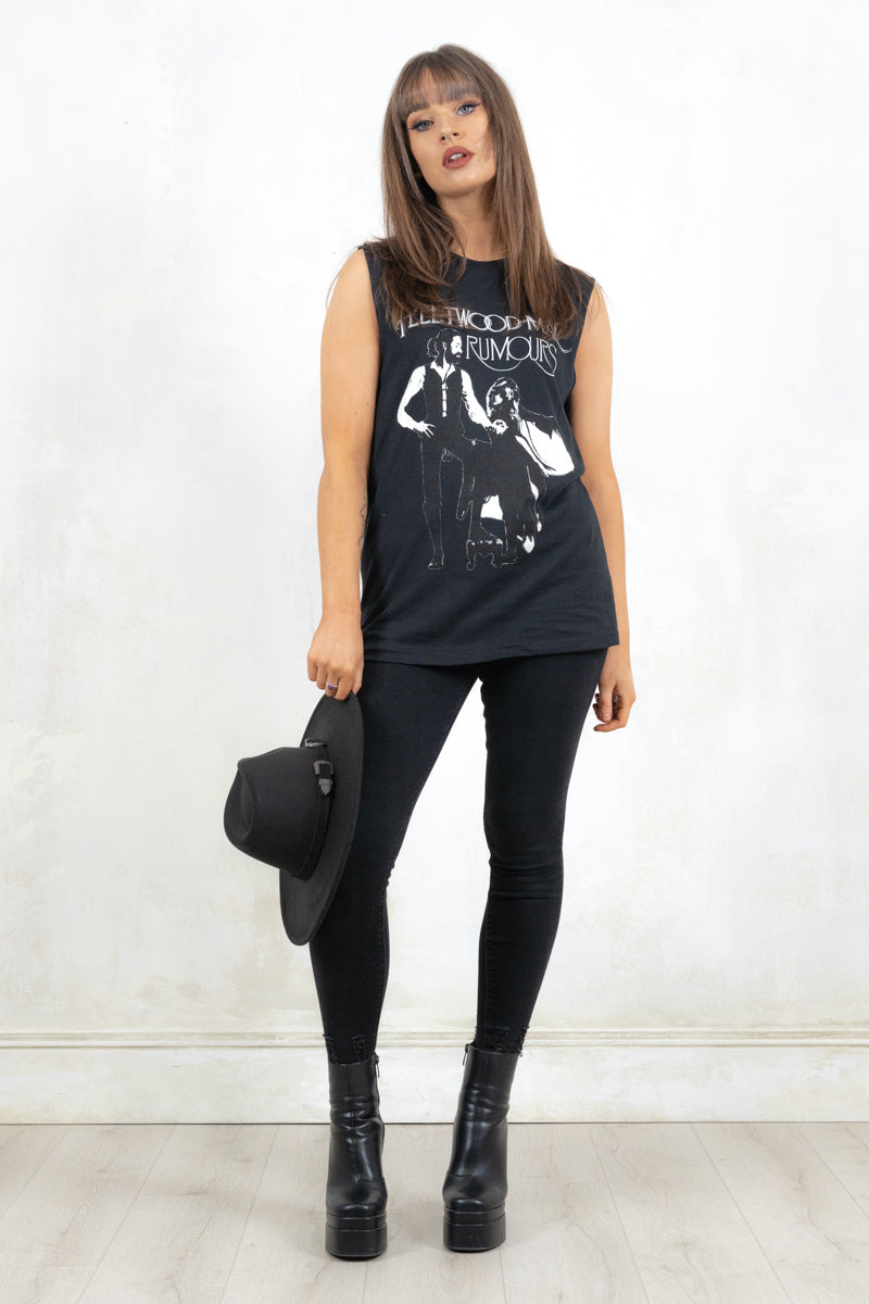 Model wearing Fleetwood Mac Rumours Vest - black fleetwood mac album cover band tee vest