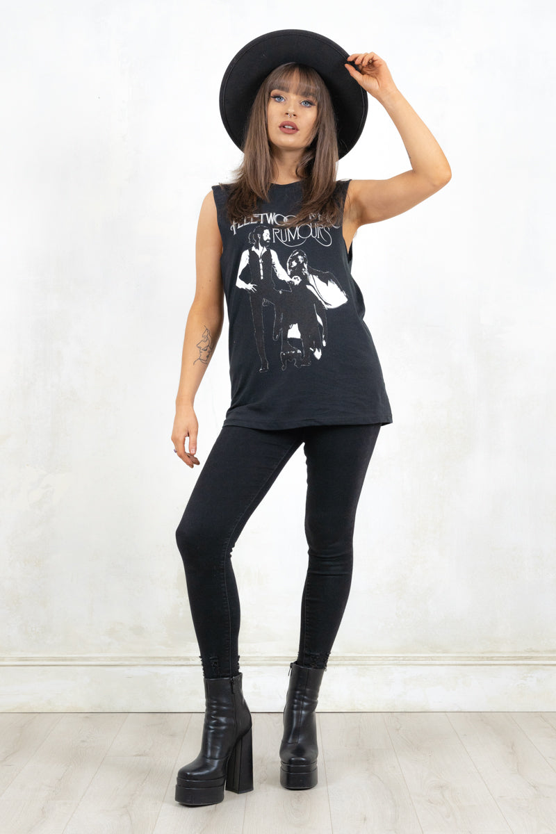 Model wearing Fleetwood Mac Rumours Vest - black fleetwood mac album cover band tee vest
