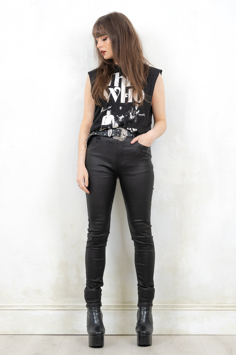Model Wearing Edge of Darkness Skinnies - Black Skinnies with Front button and zip closure with true pockets