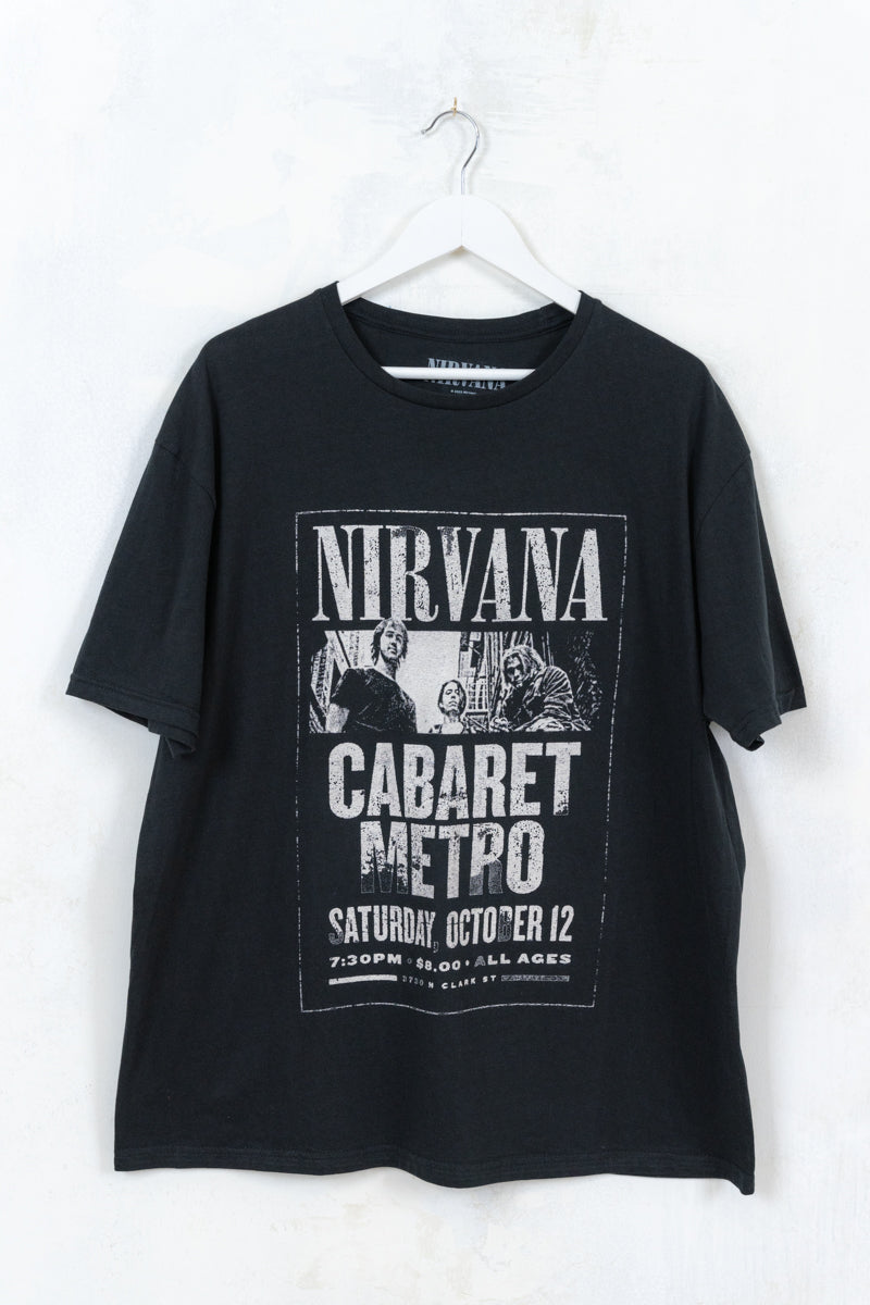 Nirvana Cabaret Metro Tee - Black Nirvana Band Tee with Concert Poster Design and band group shot