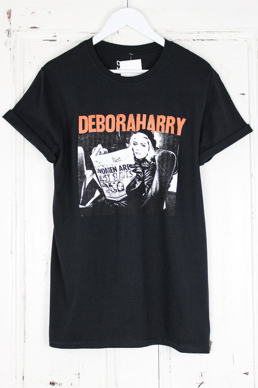 Debbie Harry Slaves Tee - black colour debbie harry tee with red "DEBORAHARRY" slogan with Debbie Harry photo