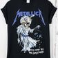 Metallica Doris Tee - Black Metallica Tee with blue Metallica Logo, skull design and white "Their Money Tips Her Scales Again" Slogan on front