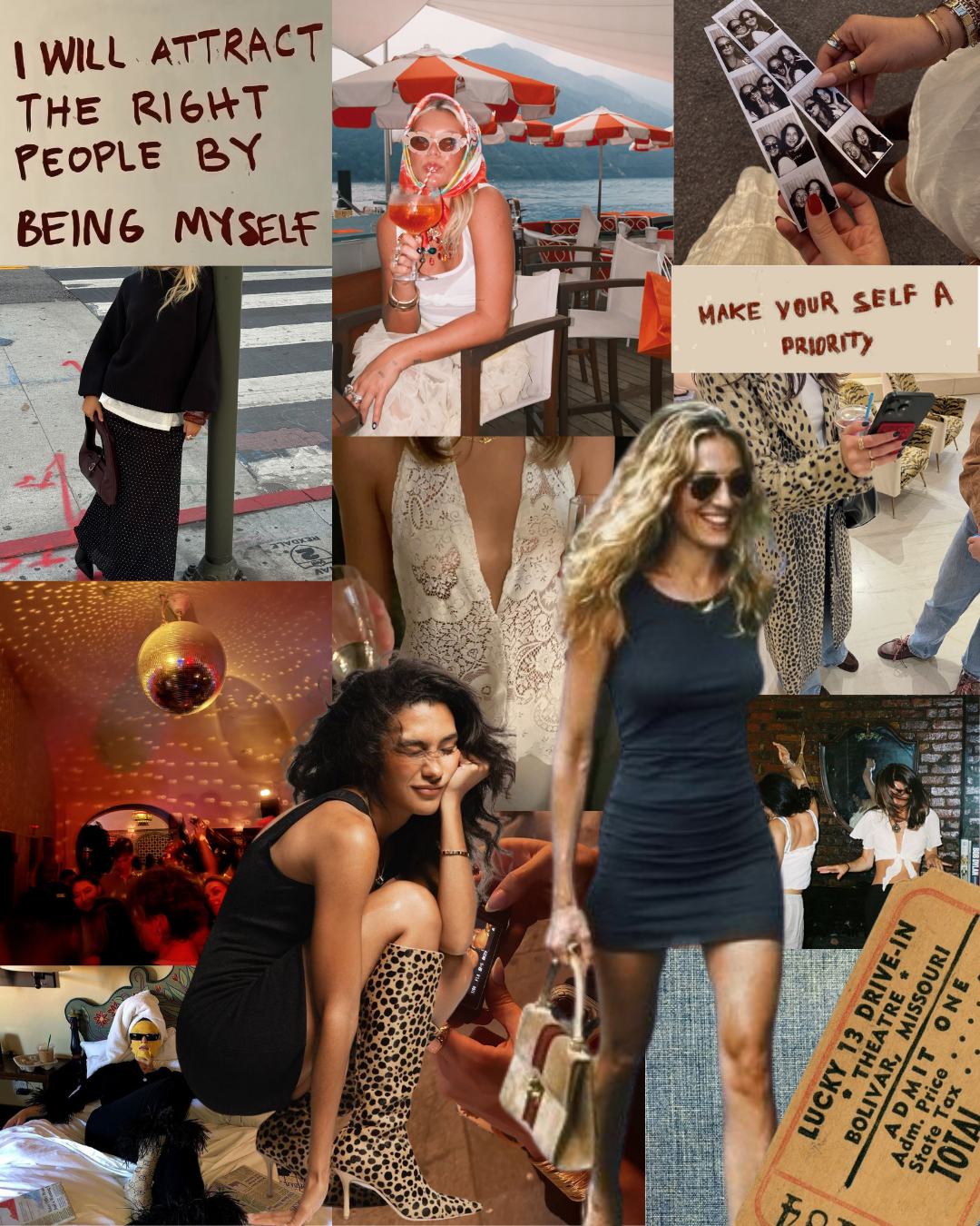 Louise's Little Lies fashion and lifestyle moodboard with black mini dress, leopard print skirt, white lace dress, disco ball party scene, motivational quotes, and café setting