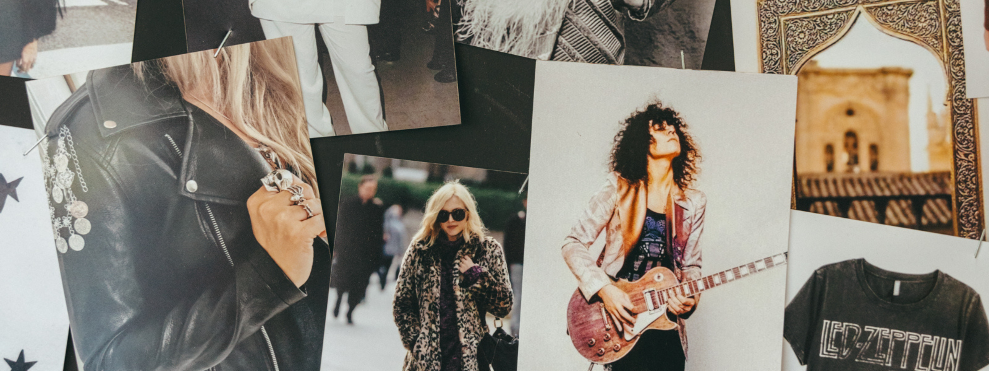 Little Lies inspo wall banner with leather jacket, silver charms, and rock style elements