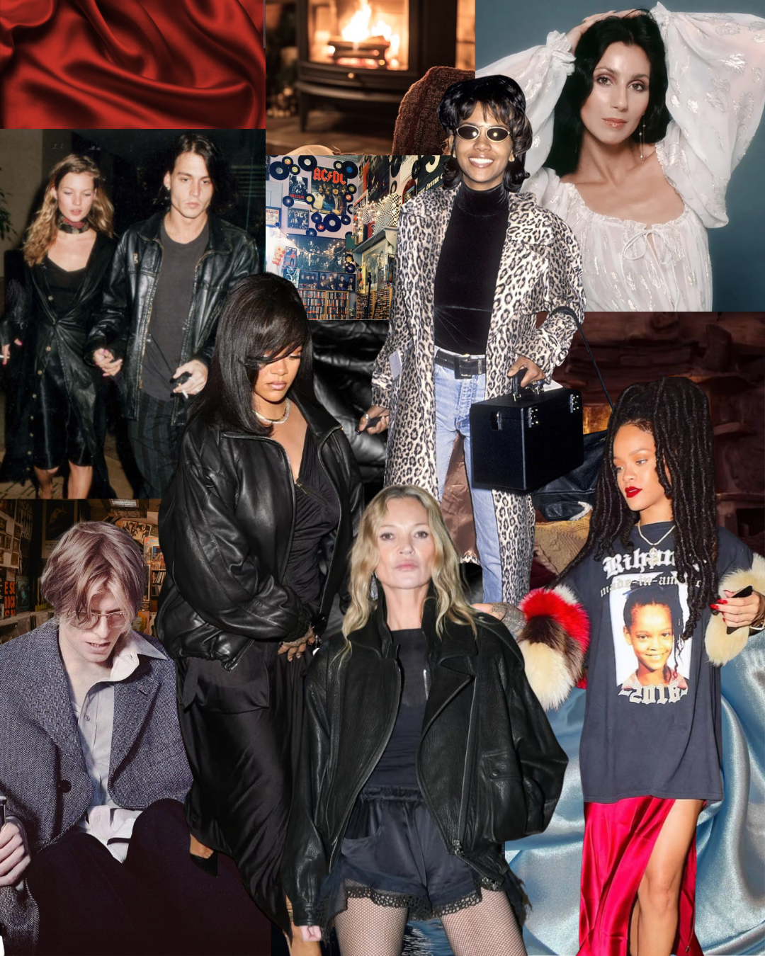 Michelle's Little Lies 2026 fashion moodboard featuring leather jackets, leopard print coat, white voluminous dress, red satin fabric, and cozy lifestyle elements