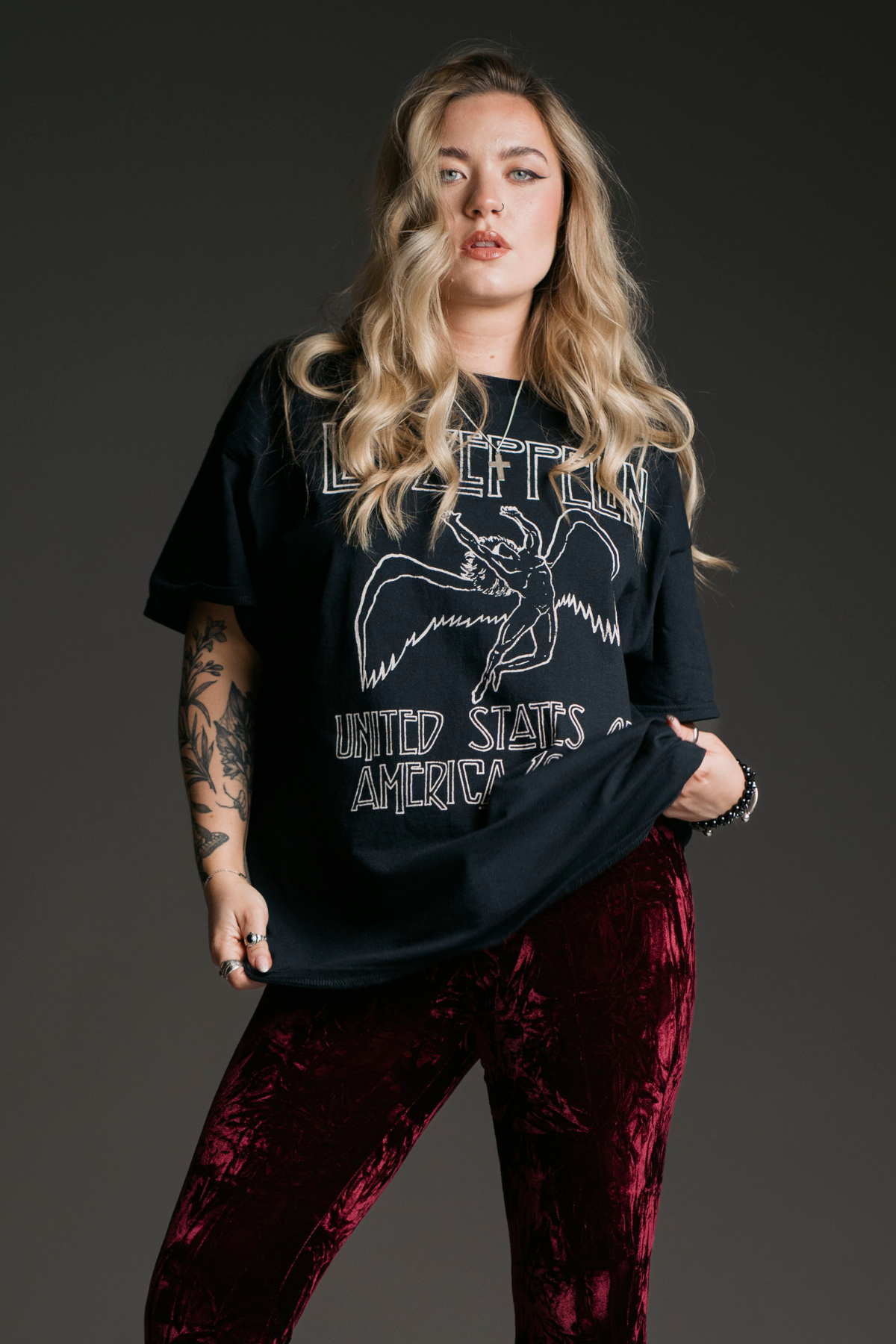 Erin wearing Led Zeppelin Band Tee and Hendrix Merlot Crushed Velvet Flares